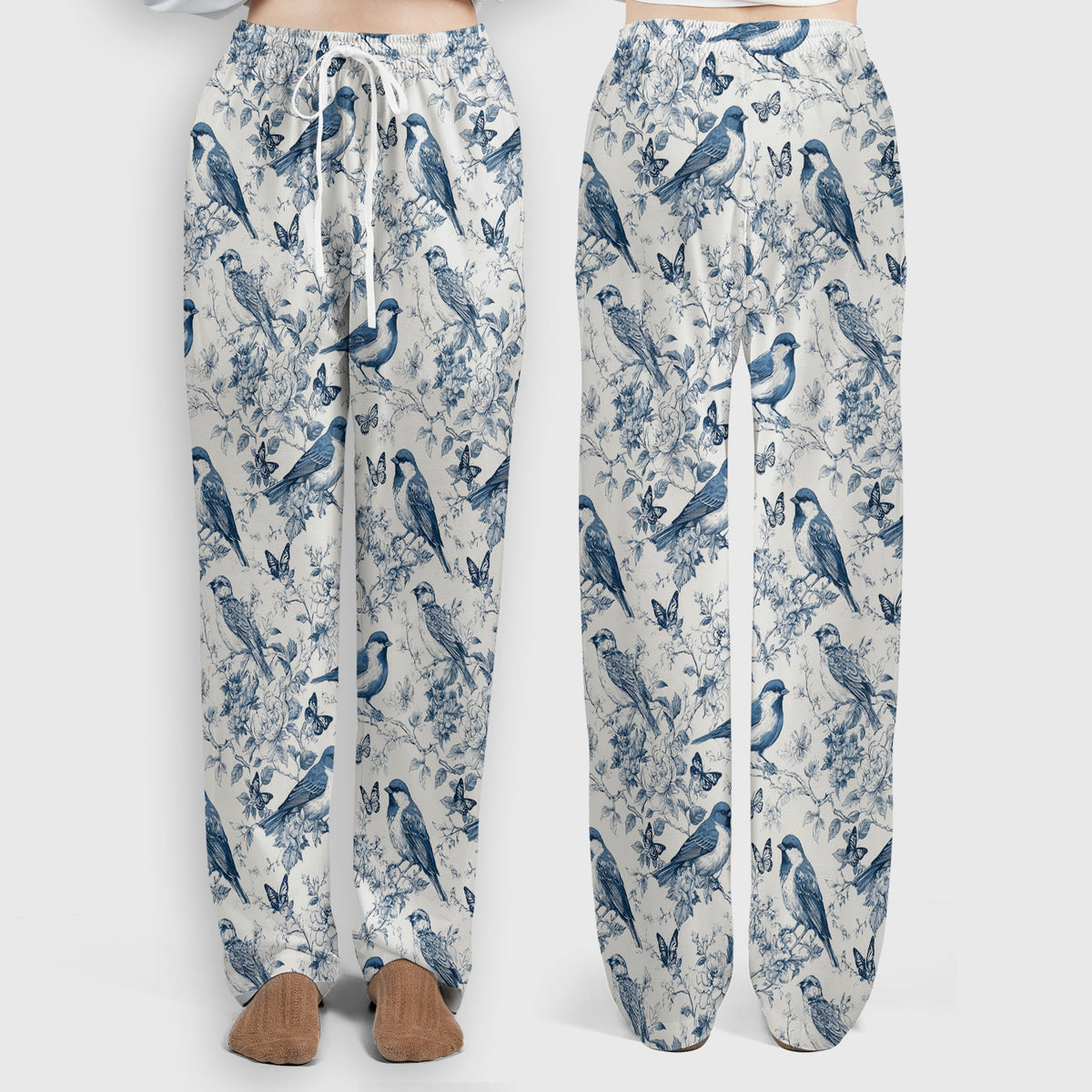 Blue Toile Songbird With Butterfly Print Scrub Set, Scrub Pants and V Neck Top