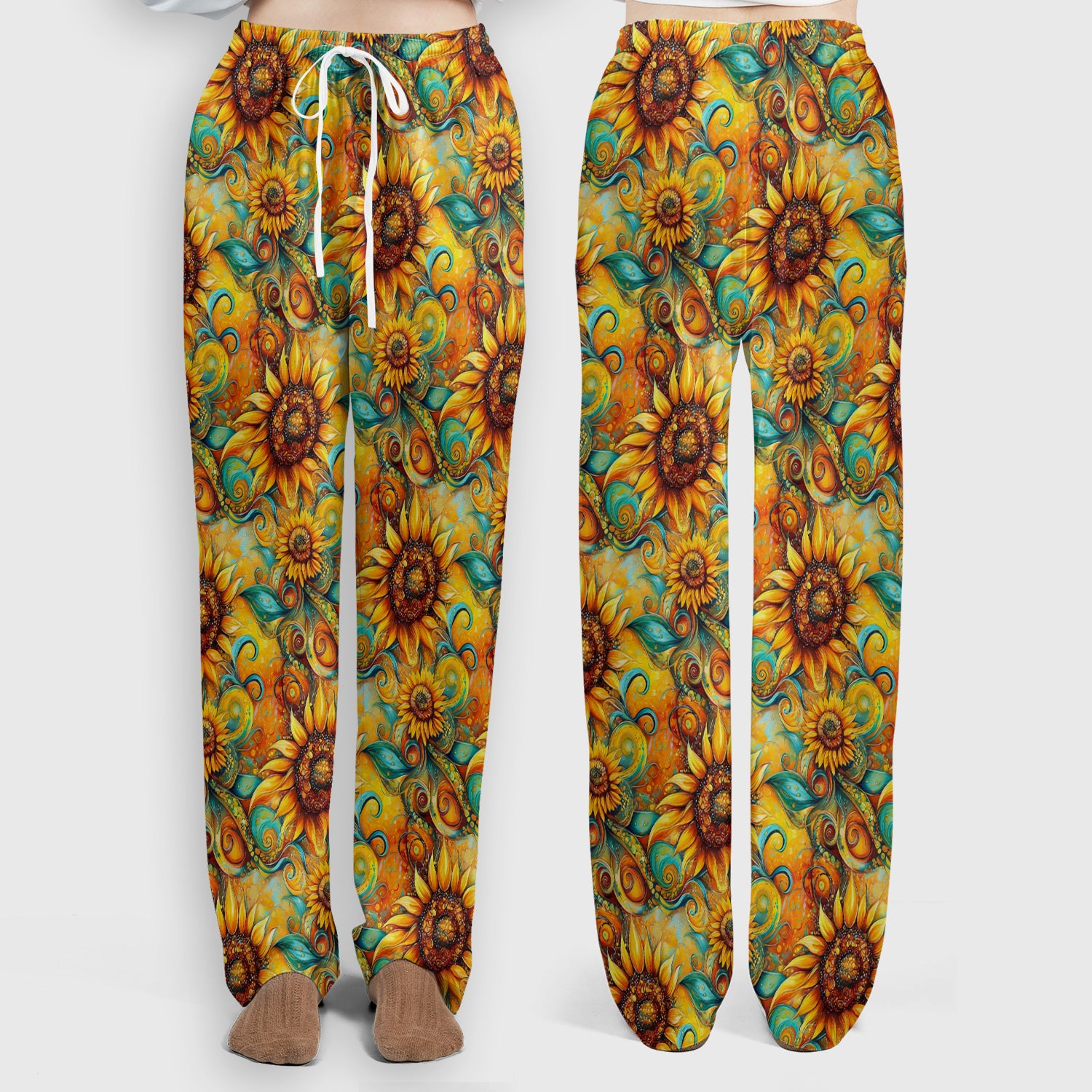 Sunflower Swirl Floral Pattern Scrub Set, Scrub Pants and V Neck Top