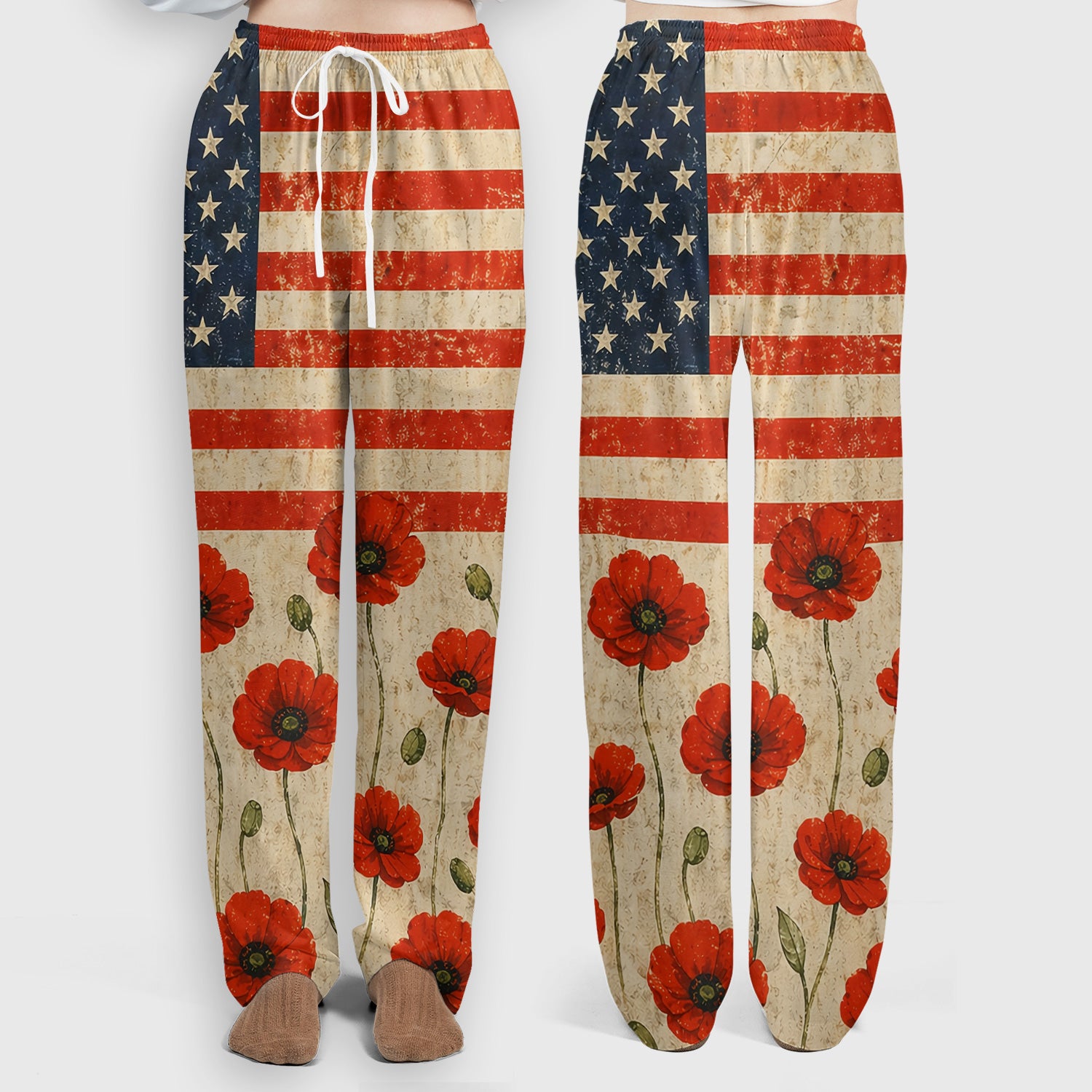 Patriotic American Flag Poppy Flower Pattern Scrub Set, Scrub Pants and V Neck Top