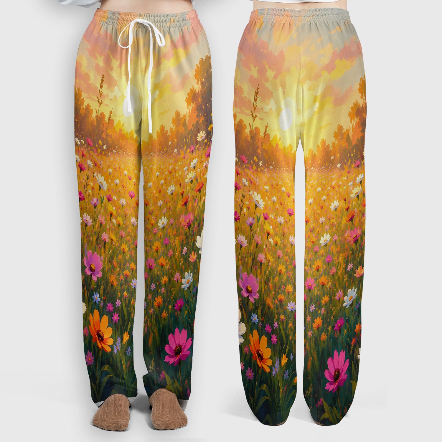 Cute Floral Meadow Dog Print Scrub Set, Scrub Pants and V Neck Top