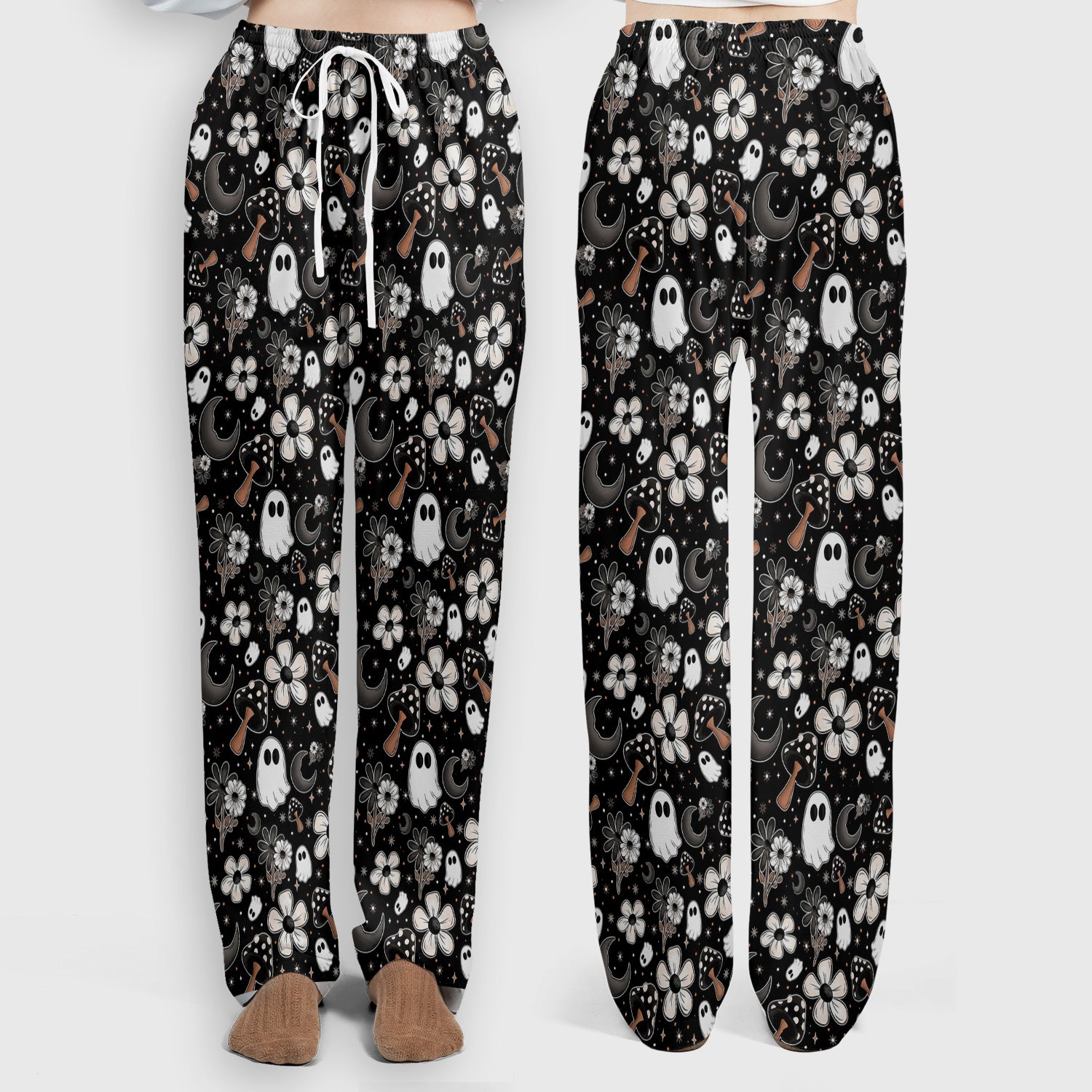 Floral Mushroom Ghost Pattern Scrub Set, Scrub Pants and V Neck Top