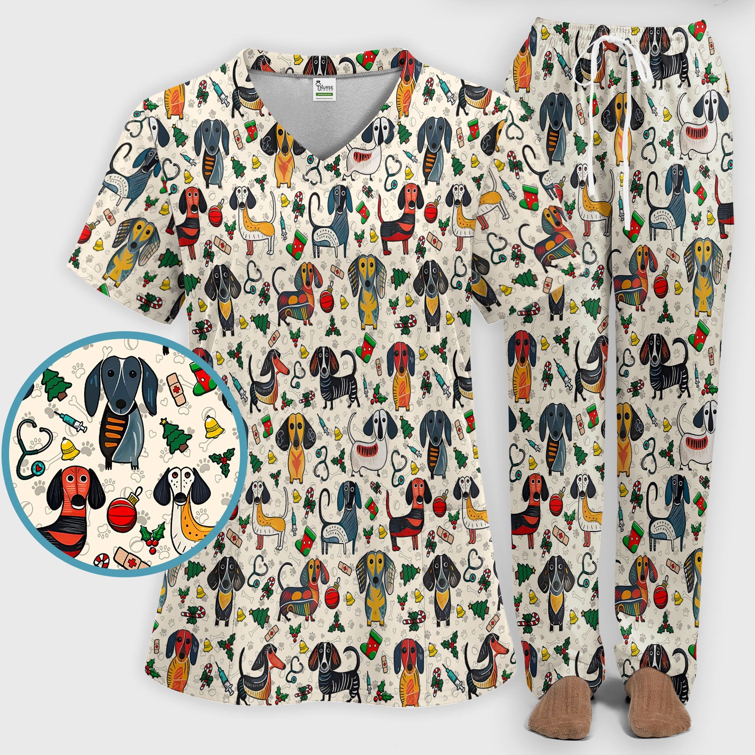 Christmas Wiener Dog Scrub Set - Funny Sausage Dog Pants and V Neck Top - Holiday Medical Uniform
