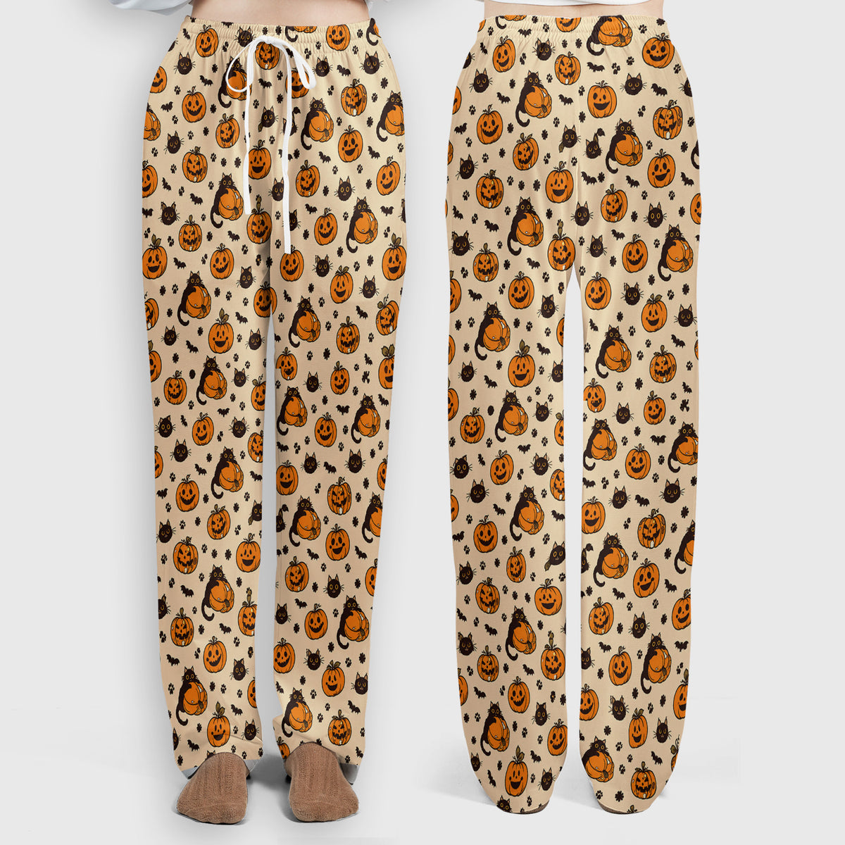Cute Halloween Black Cat And Pumpkins Scrub Set, Scrub Pants and V Neck Top