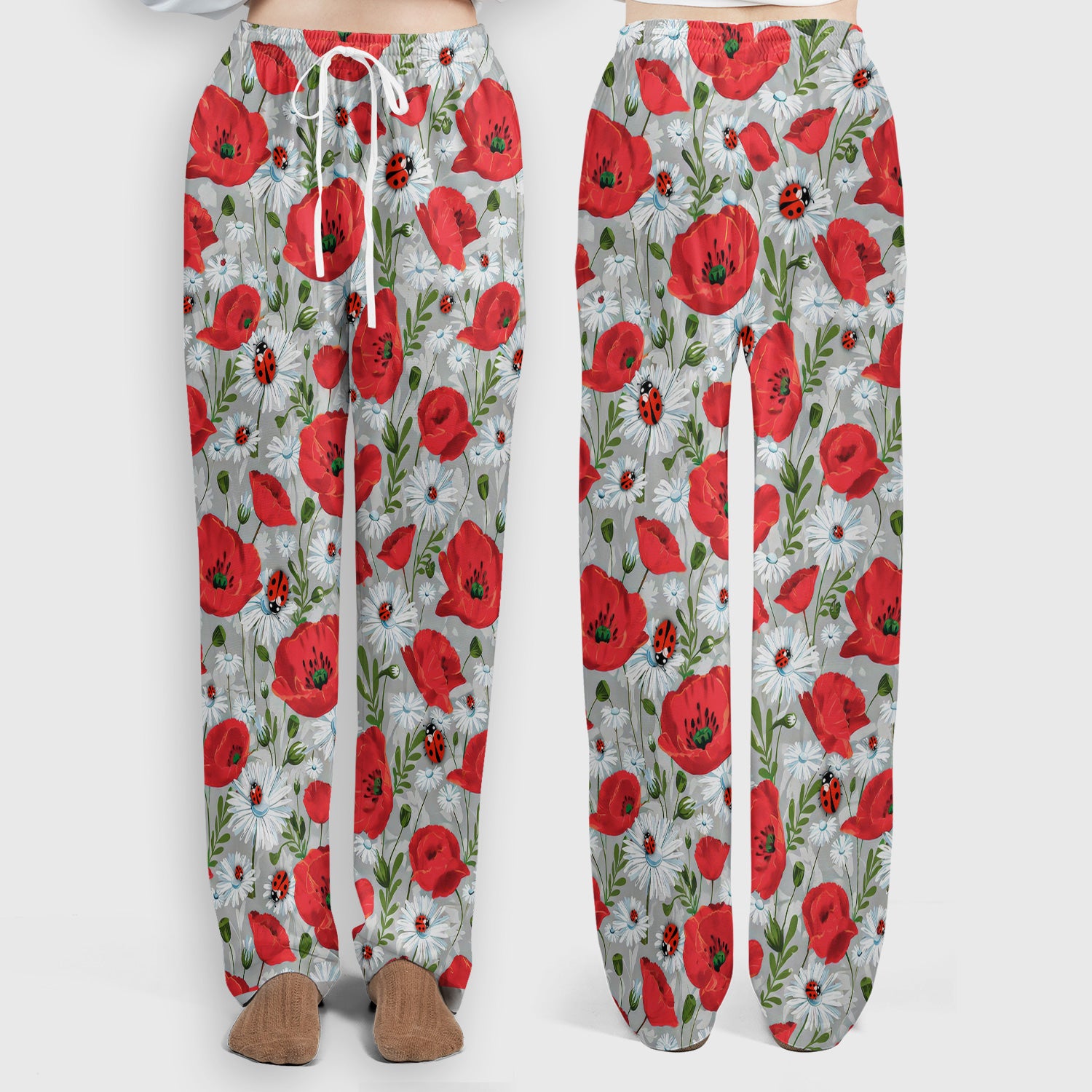 Cute Red Poppy Daisy Ladybug Floral Print Scrub Set, Scrub Pants and V Neck Top