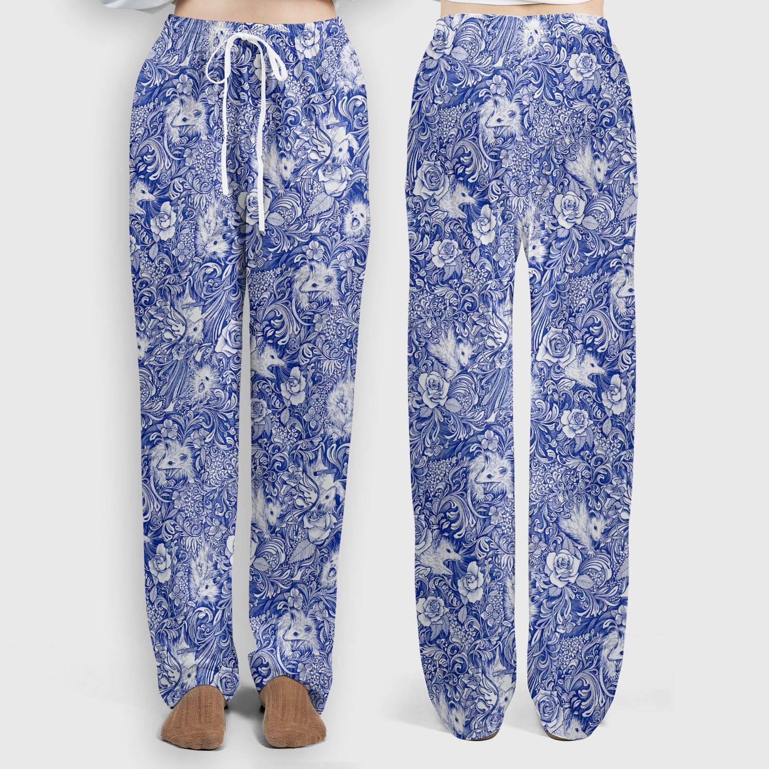 Blue Toile Opossum Floral Pattern Scrub Set, Scrub Pants and V Neck Top