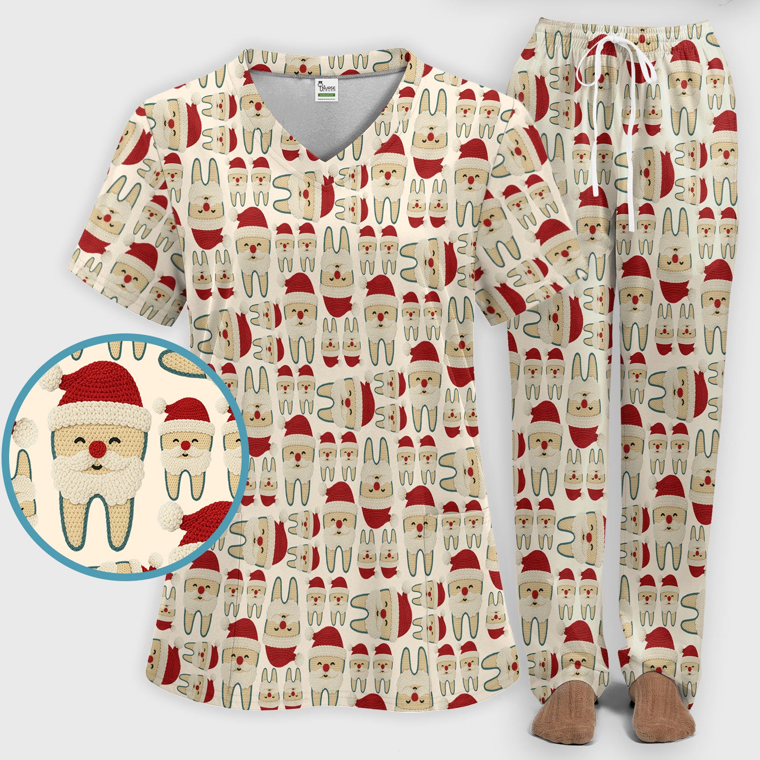 Christmas Tooth Scrub Set - Cute Santa Tooth Pattern for Dentists & Hygienists - Crochet Style Holiday Medical Uniform for Women