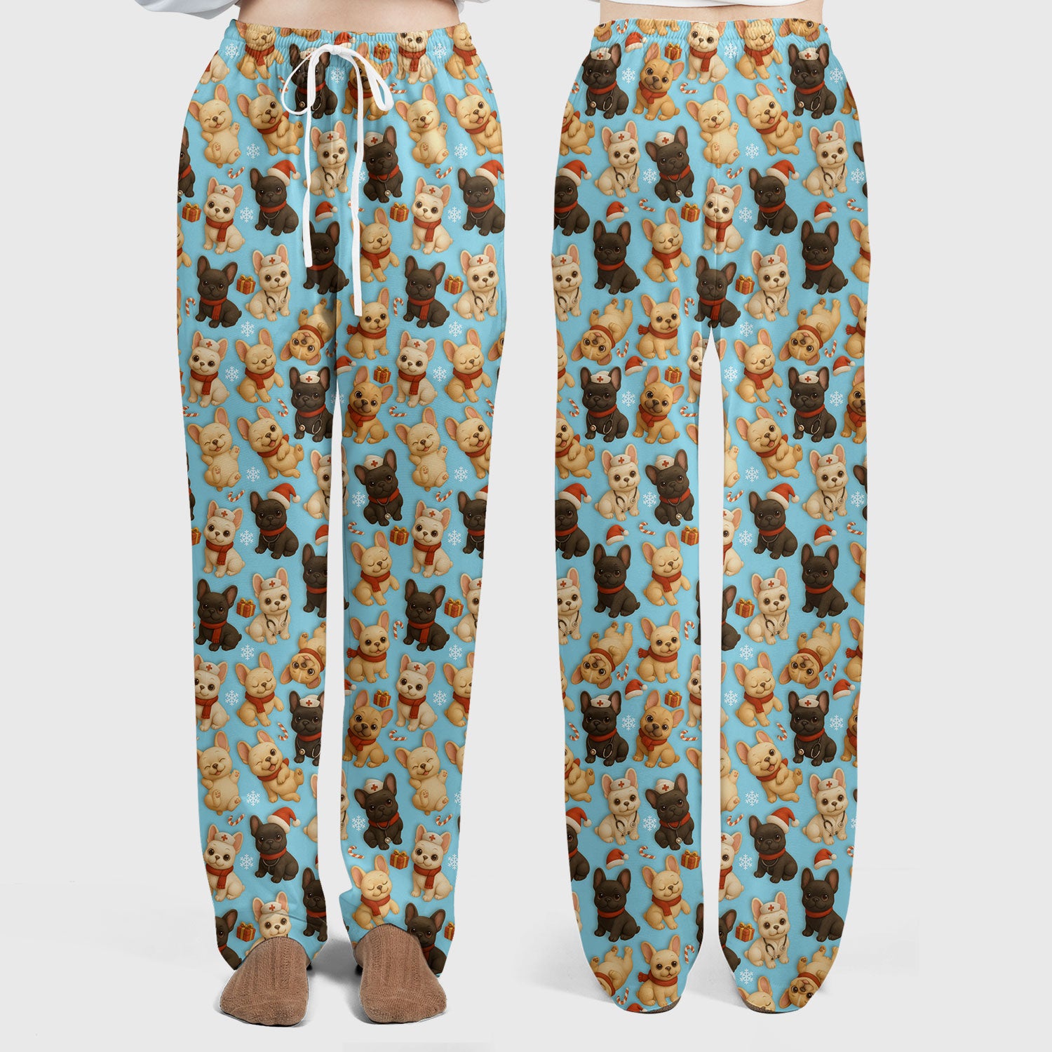 French Bulldog Scrubs Christmas Nurse Set - Cute Holiday Dogs with Candy Canes, Snowflakes & Gifts - Fun Festive Christmas Scrubs for Women