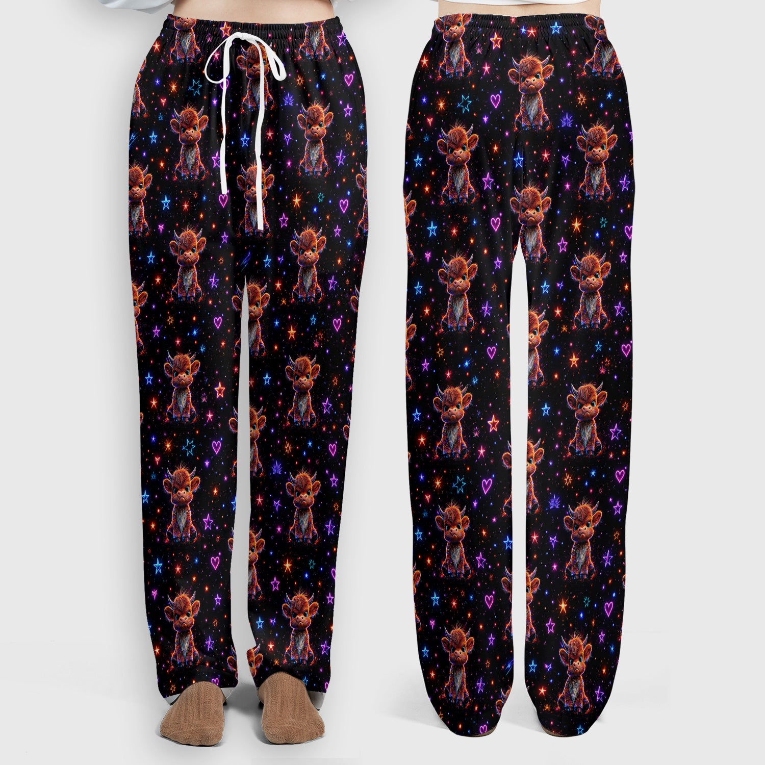Neon Highland Cow Stars Pattern Scrub Set, Scrub Pants and V Neck Top