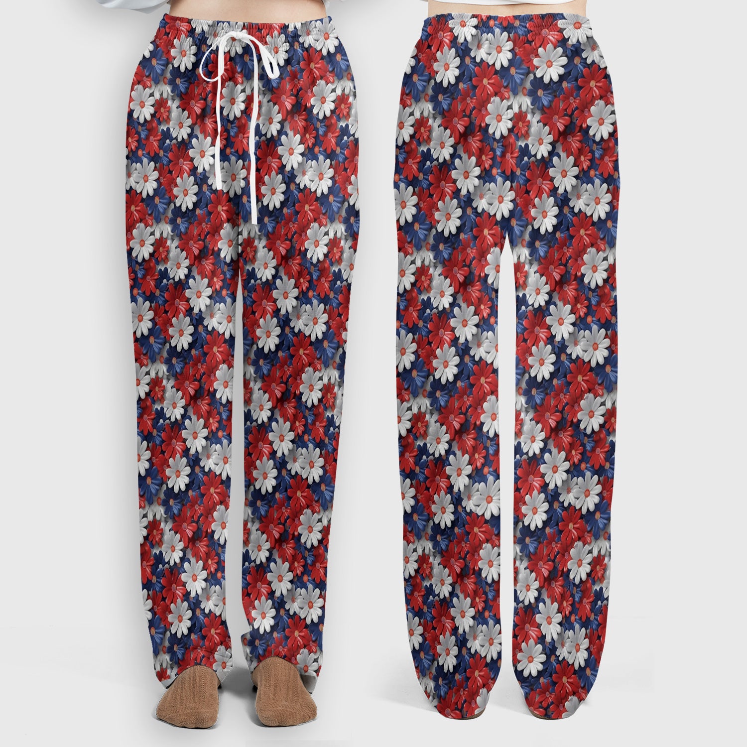 Festive Patriotic Daisy Bloom Pattern Scrub Set, Scrub Pants and V Neck Top
