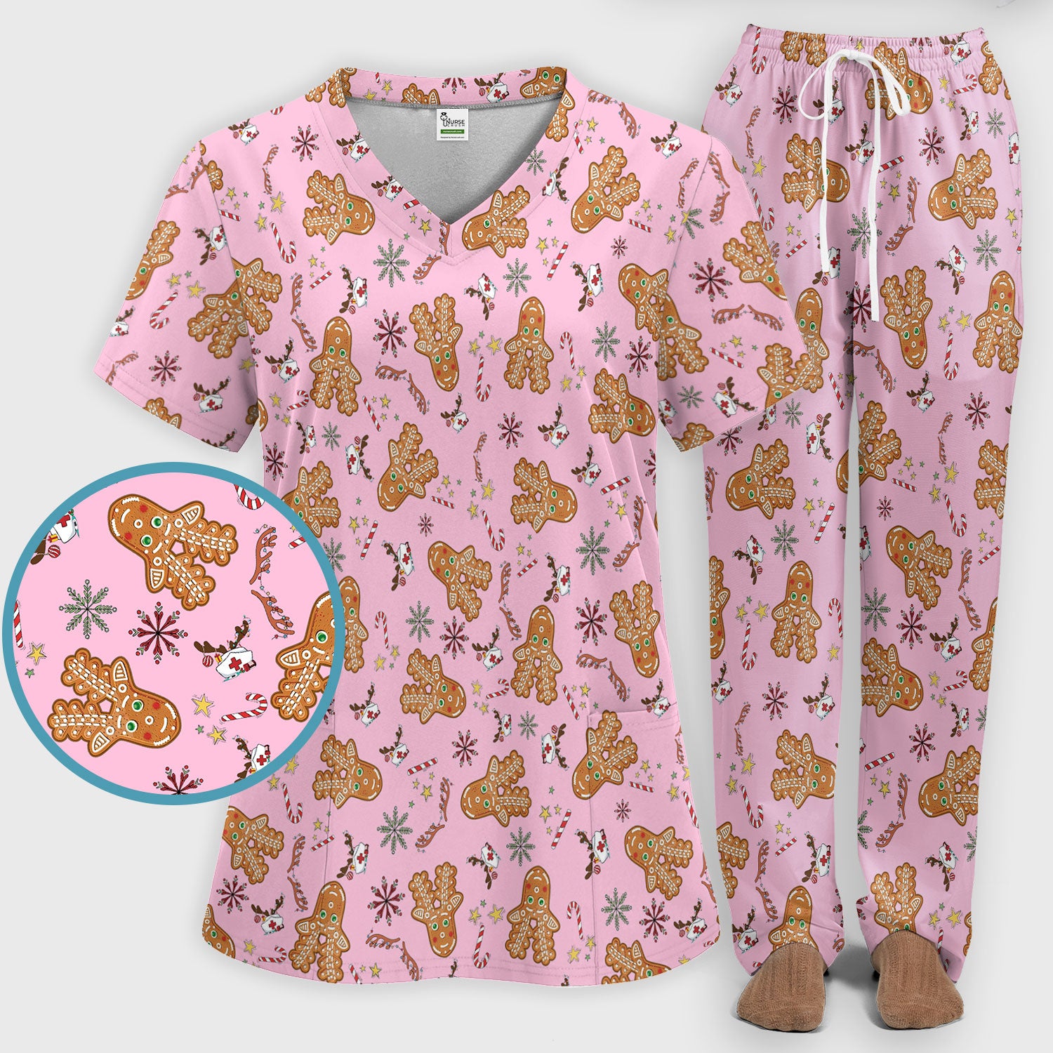Gingerbread Cookies Reindeer Scrub Sets - Comfortable Scrubs for Nurses - Funny Christmas Gingerbread Scrub Pants and V Neck Top