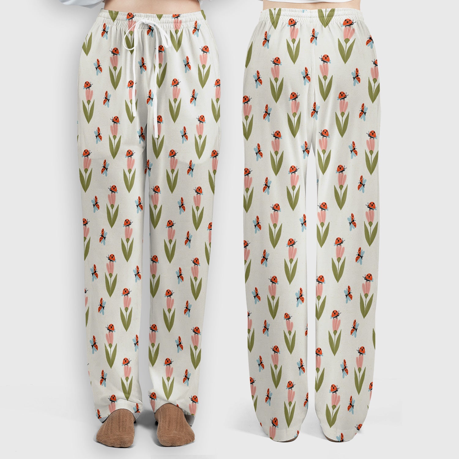 Cute Ladybug Tulip Floral Pattern Scrub Set, Scrub Pants and V Neck Top
