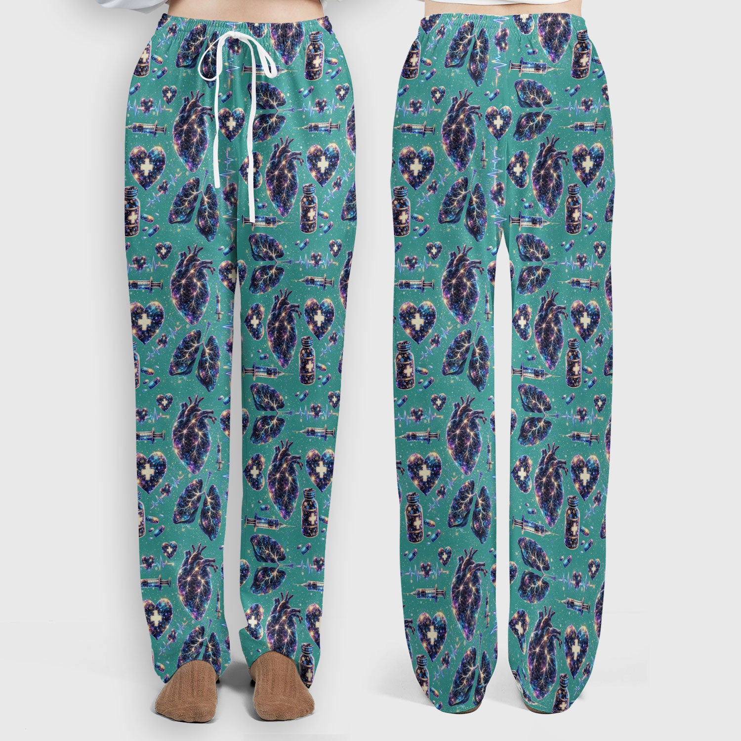 Galaxy Anatomical Heart Lung Syringe Print Scrub Set, Breathable Med Uniform