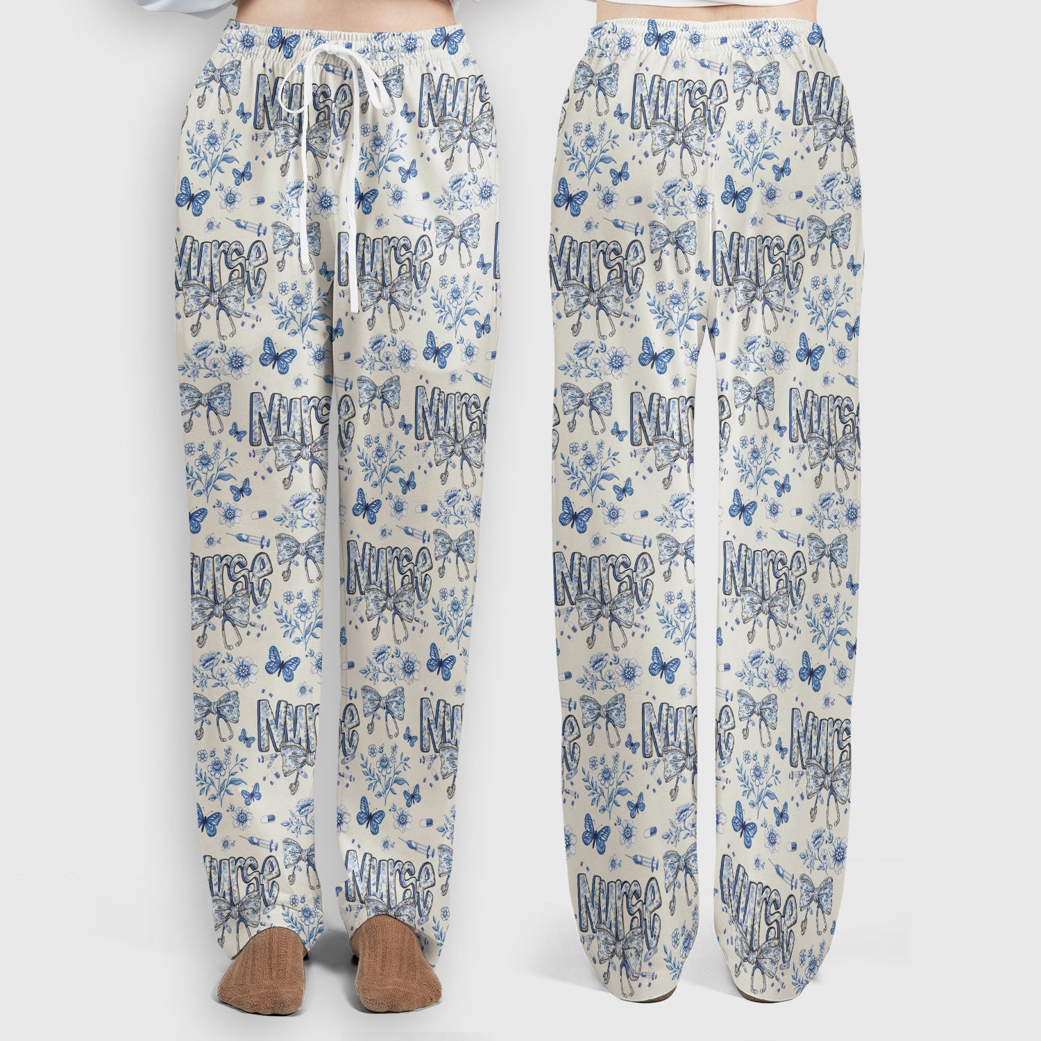 Blue Nurse Bow Butterfly Floral Pattern Scrub Set,  Breathable Med Uniform
