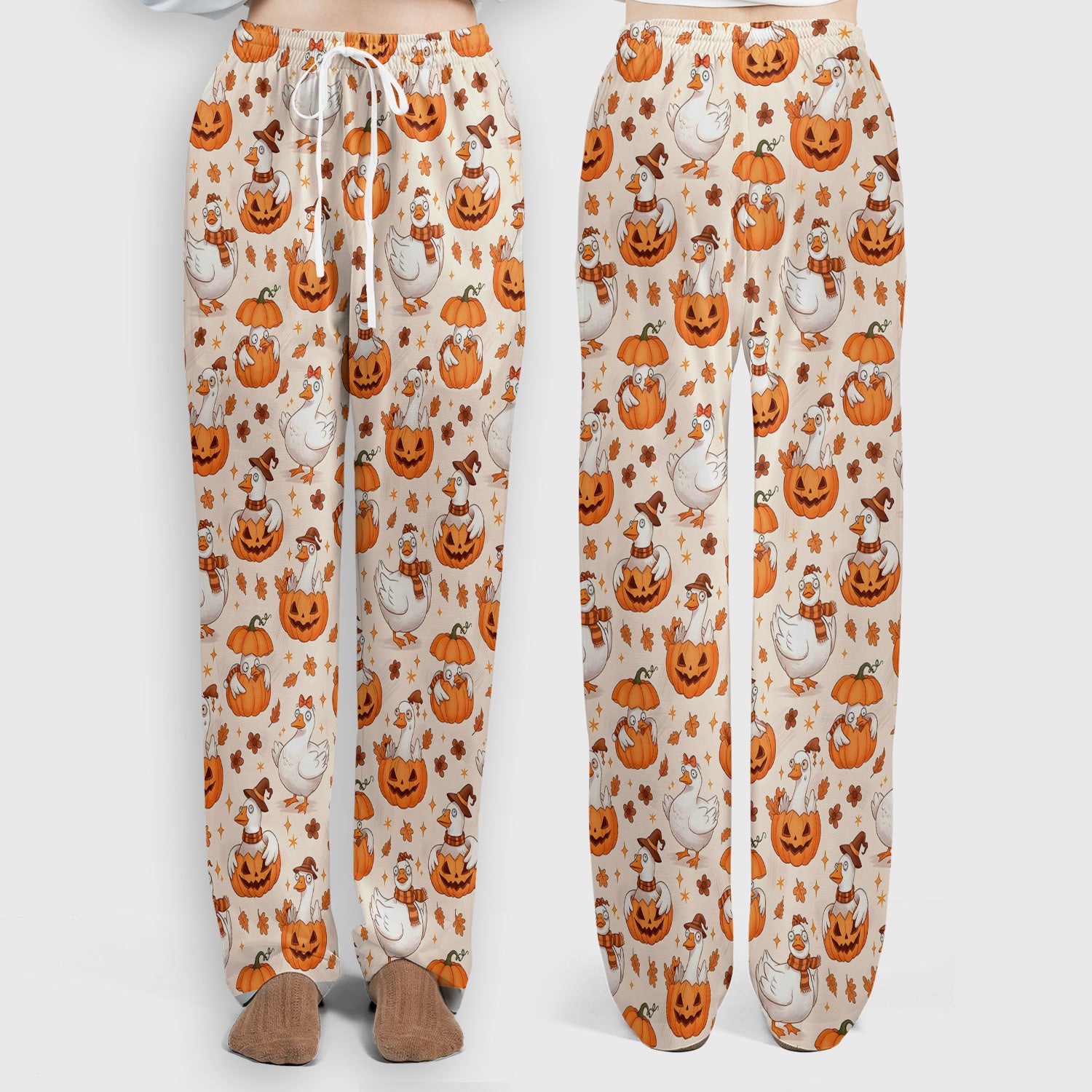 Cute Halloween Goose And Pumpkins Scrub Set, Scrub Pants and V Neck Top