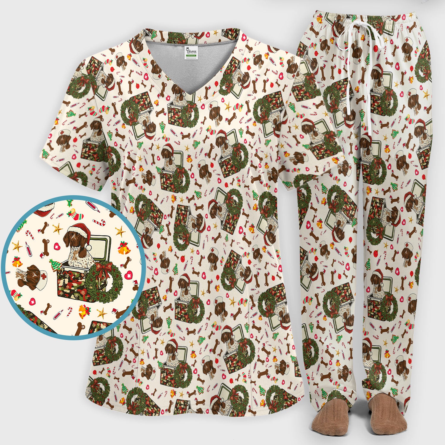Christmas Dachshund Scrub Set - Cute Sausage Dog Nursing Pants and V Neck Top - Funny Holiday Medical Uniform