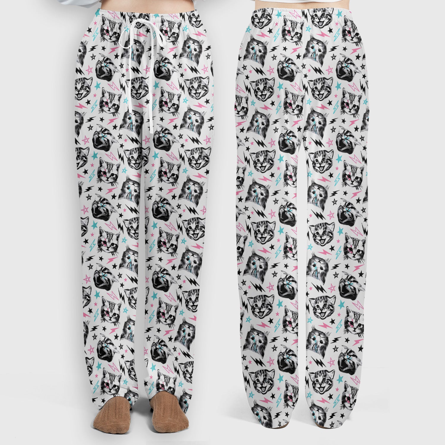 Playful Cat Faces Lightning Pattern Scrub Set, Scrub Pants and V Neck Top