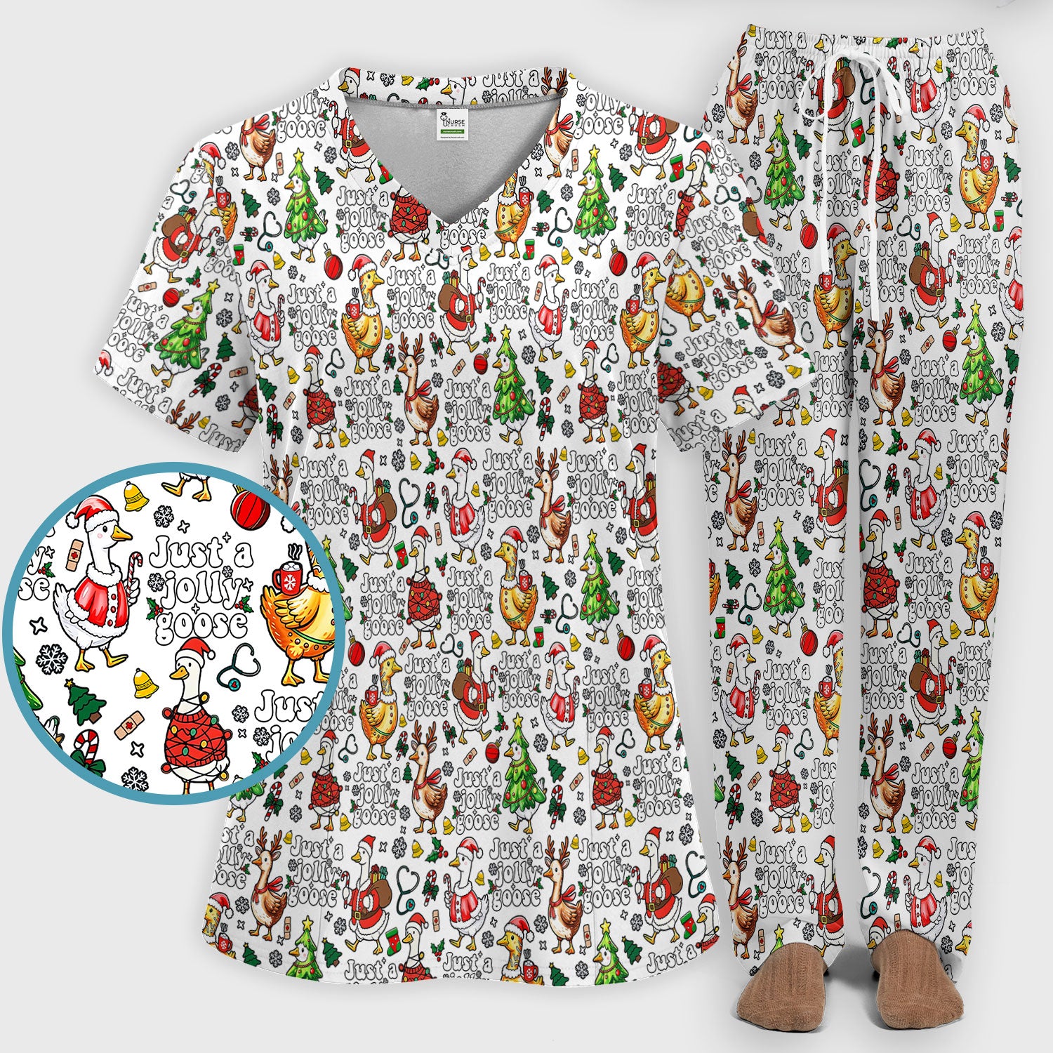 Just a Jolly Goose Funny Christmas Scrub Set - Holiday Medical Uniform for Nurse - Santa Goose Pants and Top
