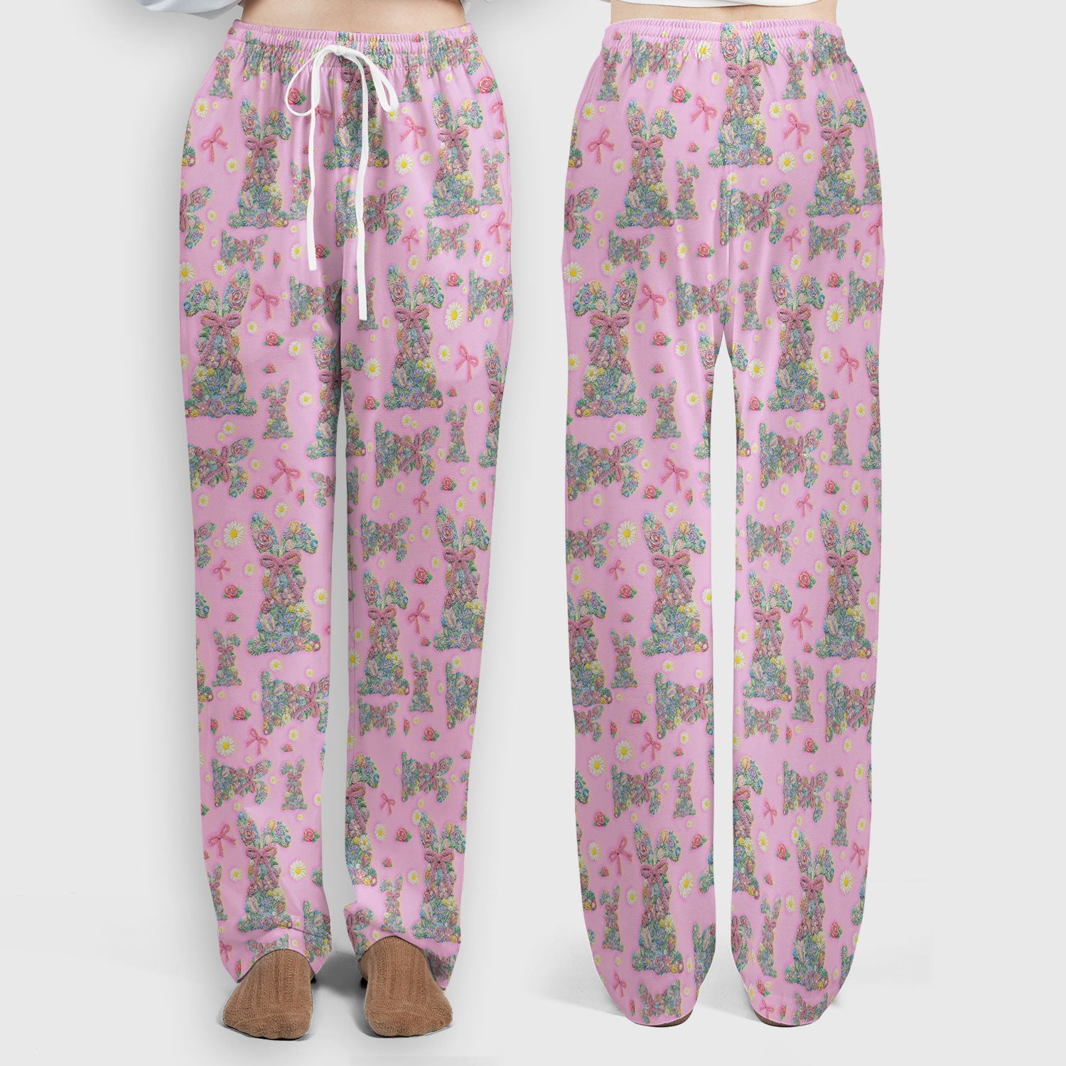 Colorful Floral Bunny with Pink Bow Pattern Scrub Set, Breathable Med Uniform