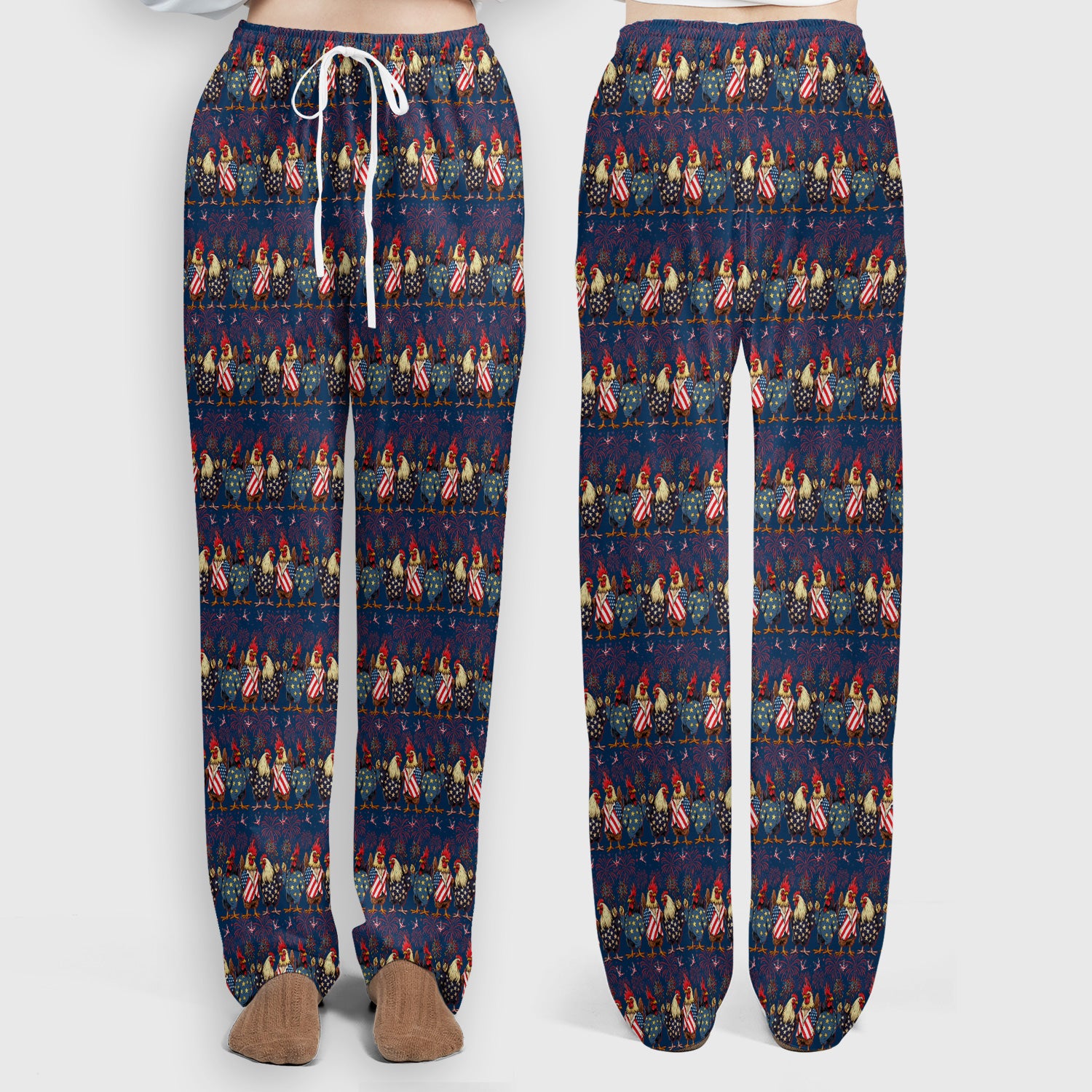 Patriotic Rooster Fireworks Pattern Scrub Set, Scrub Pants and V Neck Top