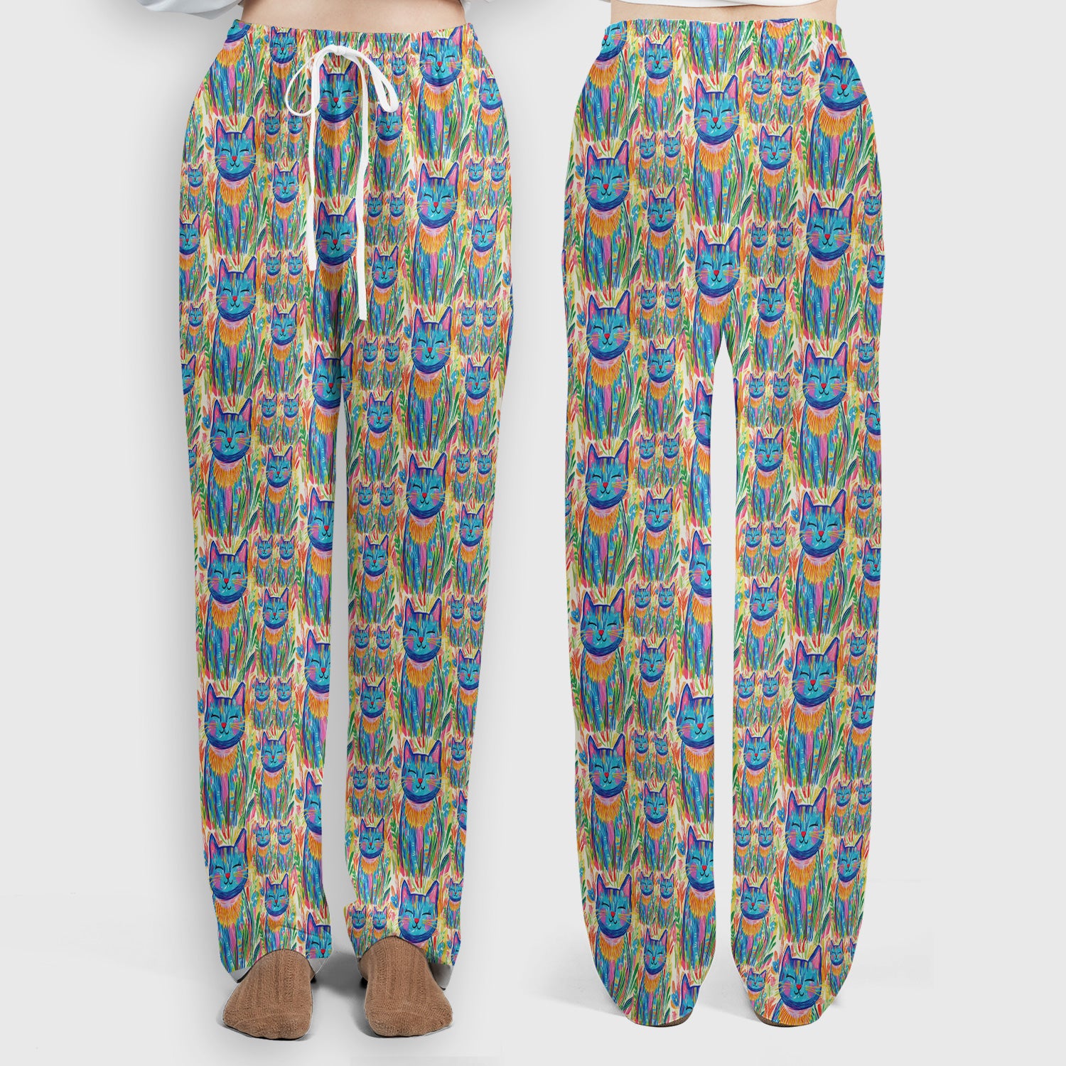 Colorful Rainbow Cat With Floral Brushstroke Scrub Set, Scrub Pants and V Neck Top