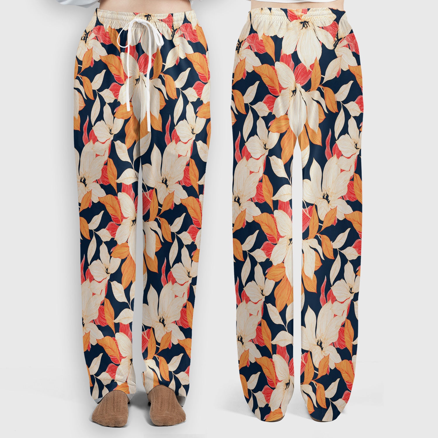 Elegant Ivory Lily Leaves Pattern Scrub Set, Scrub Pants and V Neck Top
