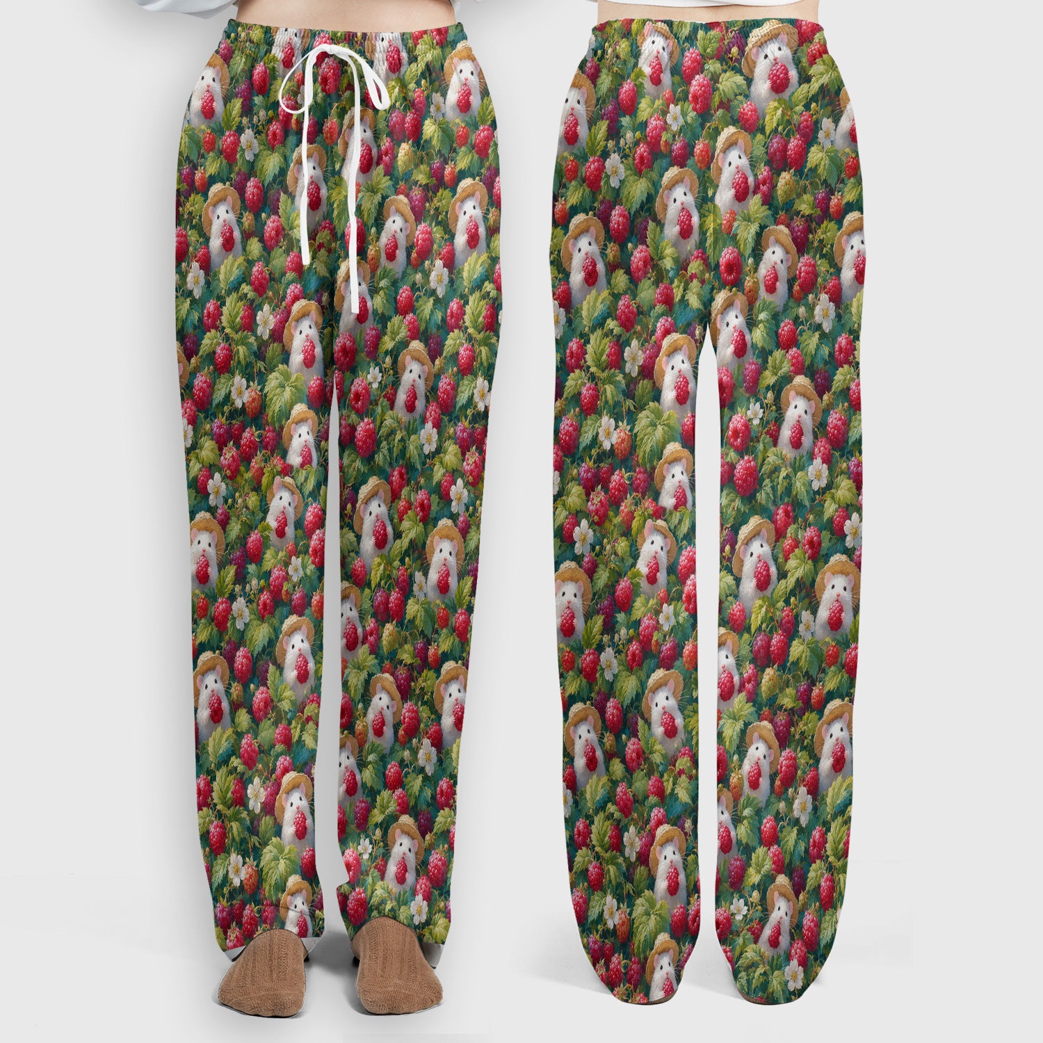 Cute Raspberry Mouse Garden Pattern Scrub Set, Scrub Pants and V Neck Top