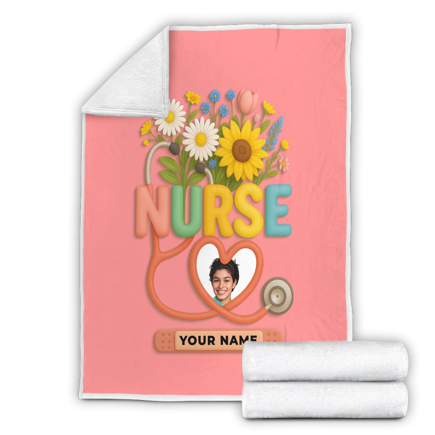 Personalized Nurse Floral Graduation Blanket - Custom Photo & Name with Stethoscope for RN LPN CNA Gift - Multiple Color Options Available Keepsake