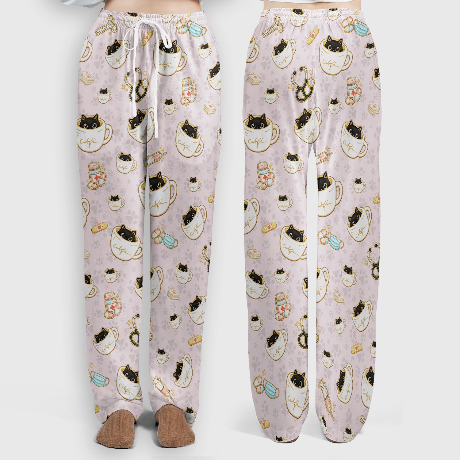 Cute Coffee Cat Medical Print Scrub Set, Scrub Pants and V Neck Top