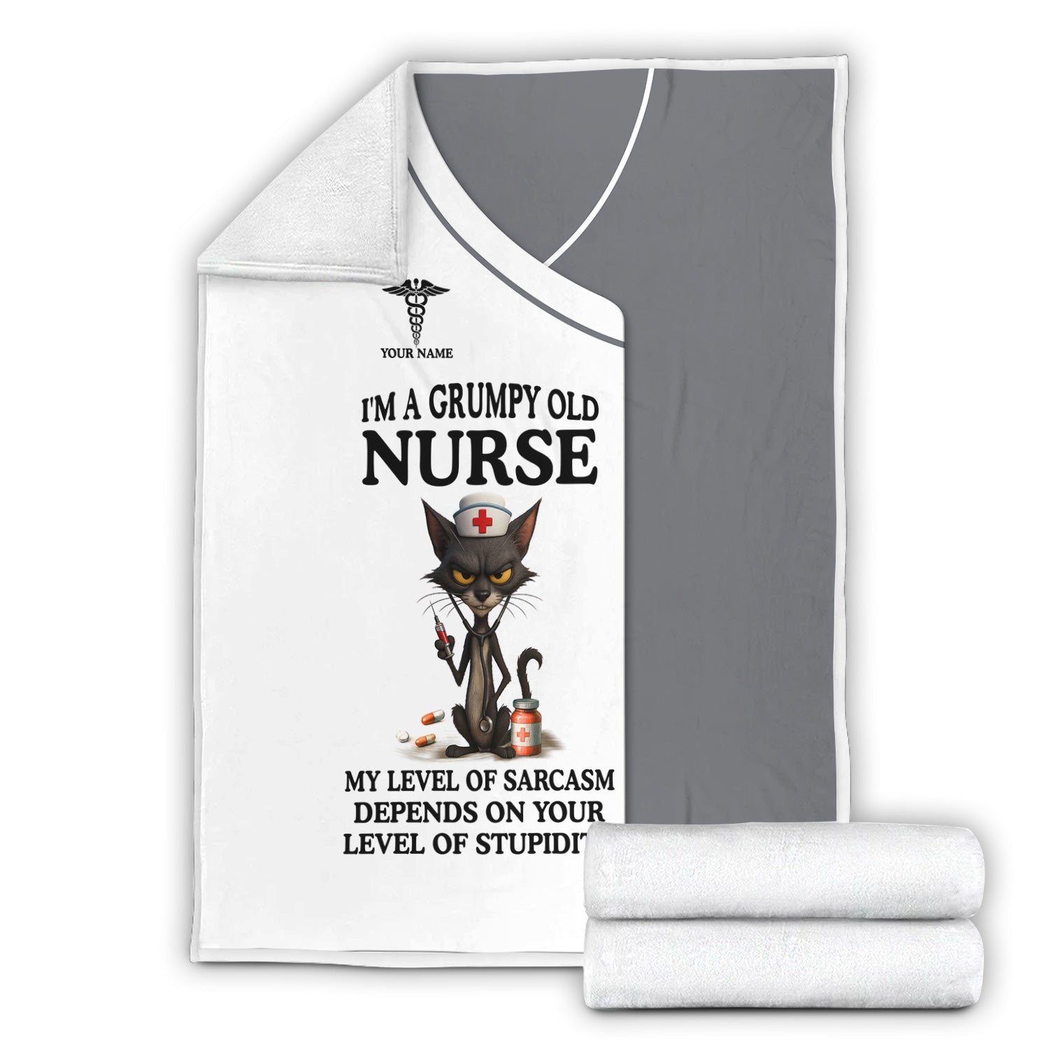 Custom Name Grumpy Old Nurse Blanket - Angry Cat Sarcastic Humor for RN LPN CNA Medical Staff Gift  - Multiple Color Options Available Keepsake