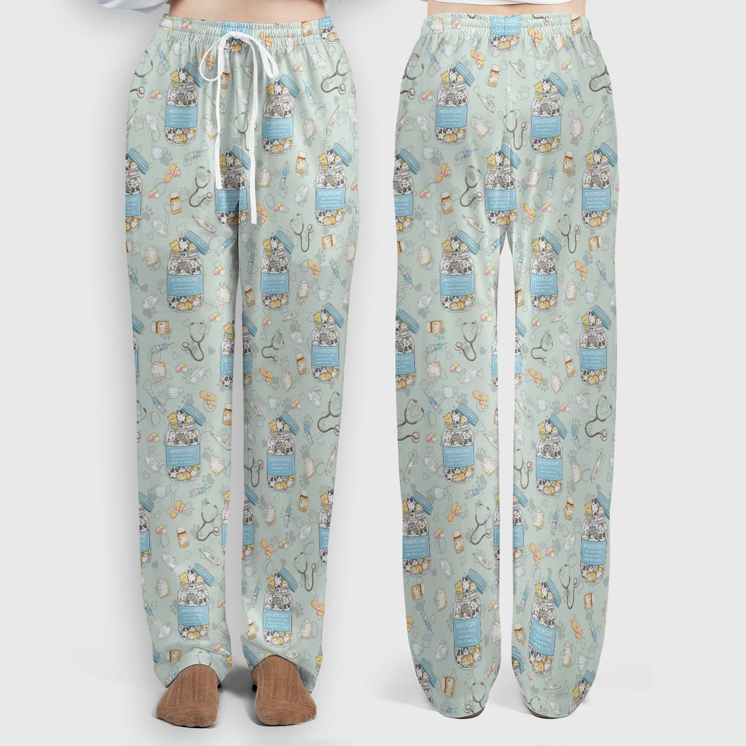 Cute Antidepressant Cat Jar Print Women's Scrub Set, Breathable Med Uniform