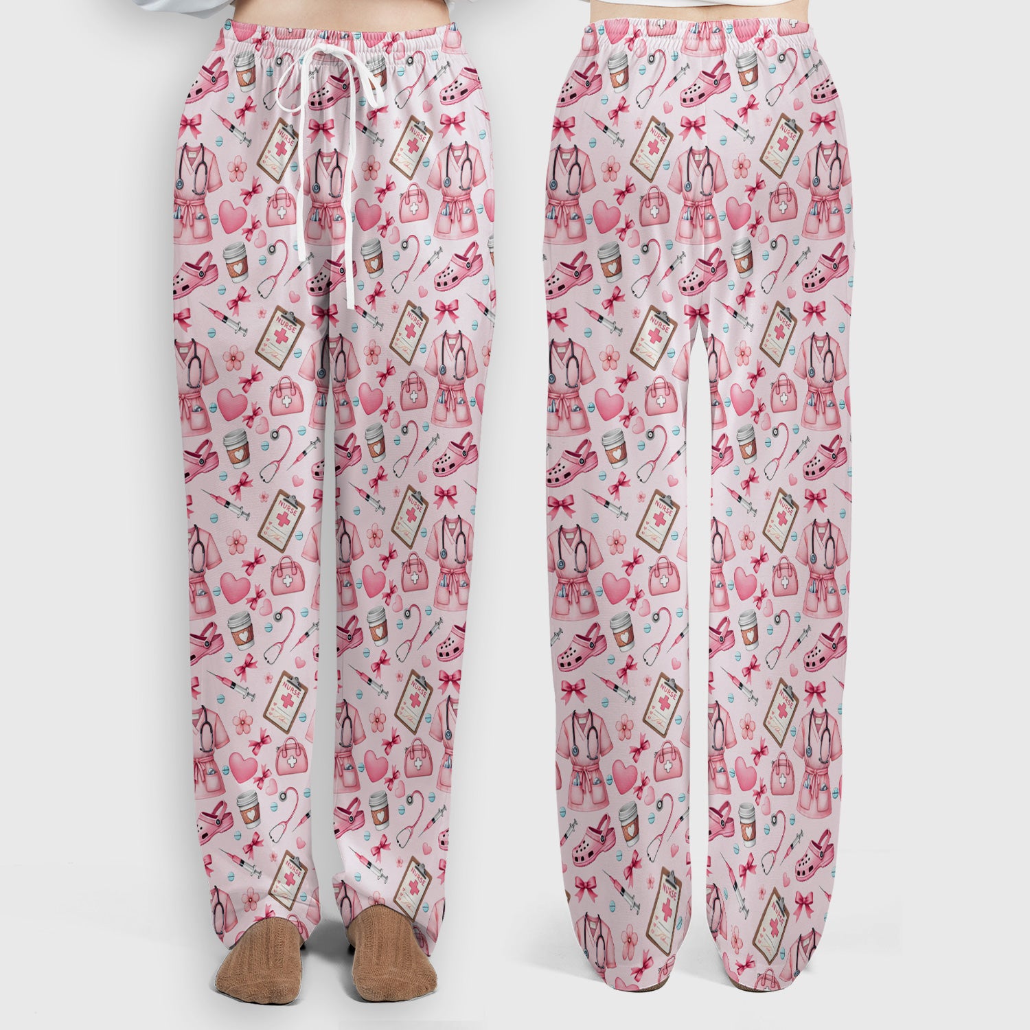 Valentine Pink Nurse Icons Print Women's Scrub Set, Breathable Med Uniform