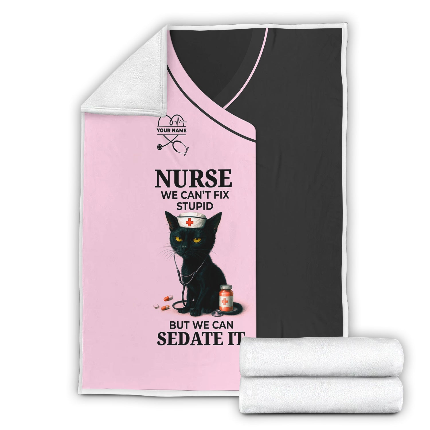 Personalized Funny Nurse Black Cat Blanket - Multiple Color Options Available - Custom Name Gift for RN CNA LPN Healthcare Workers
