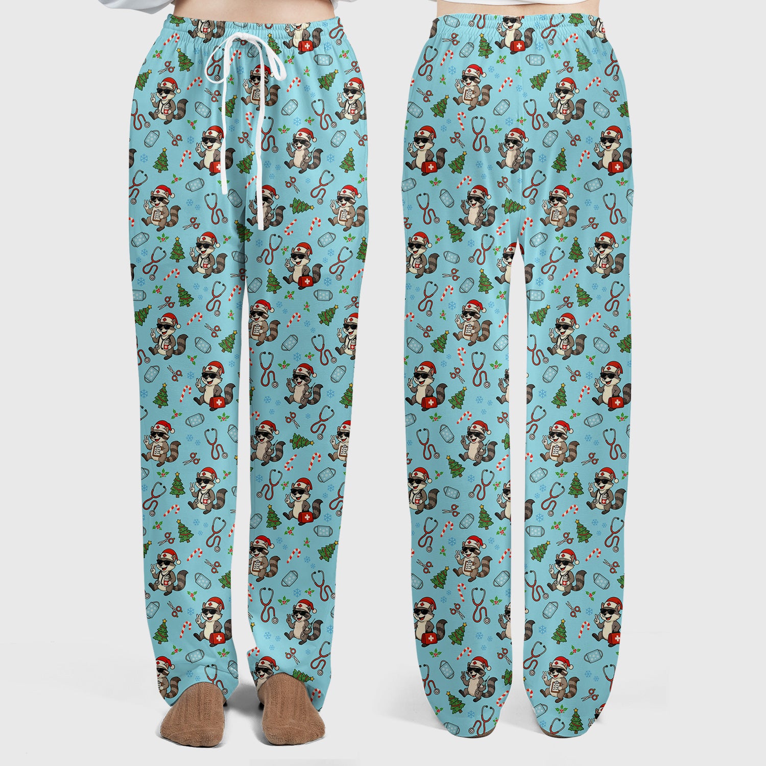 Funny Christmas Nurse Scrub Set - Raccoon Pattern with Santa Hat, Stethoscope and Tree - Cute Holiday Medical Scrubs Pants and Top Gift for RN CNA LPN
