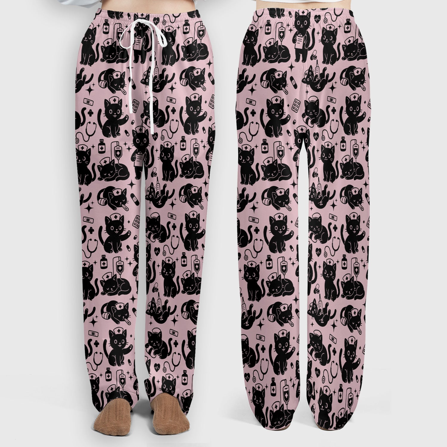Cute Black Cat Nurse Pattern Scrub Set, Breathable Med Uniform