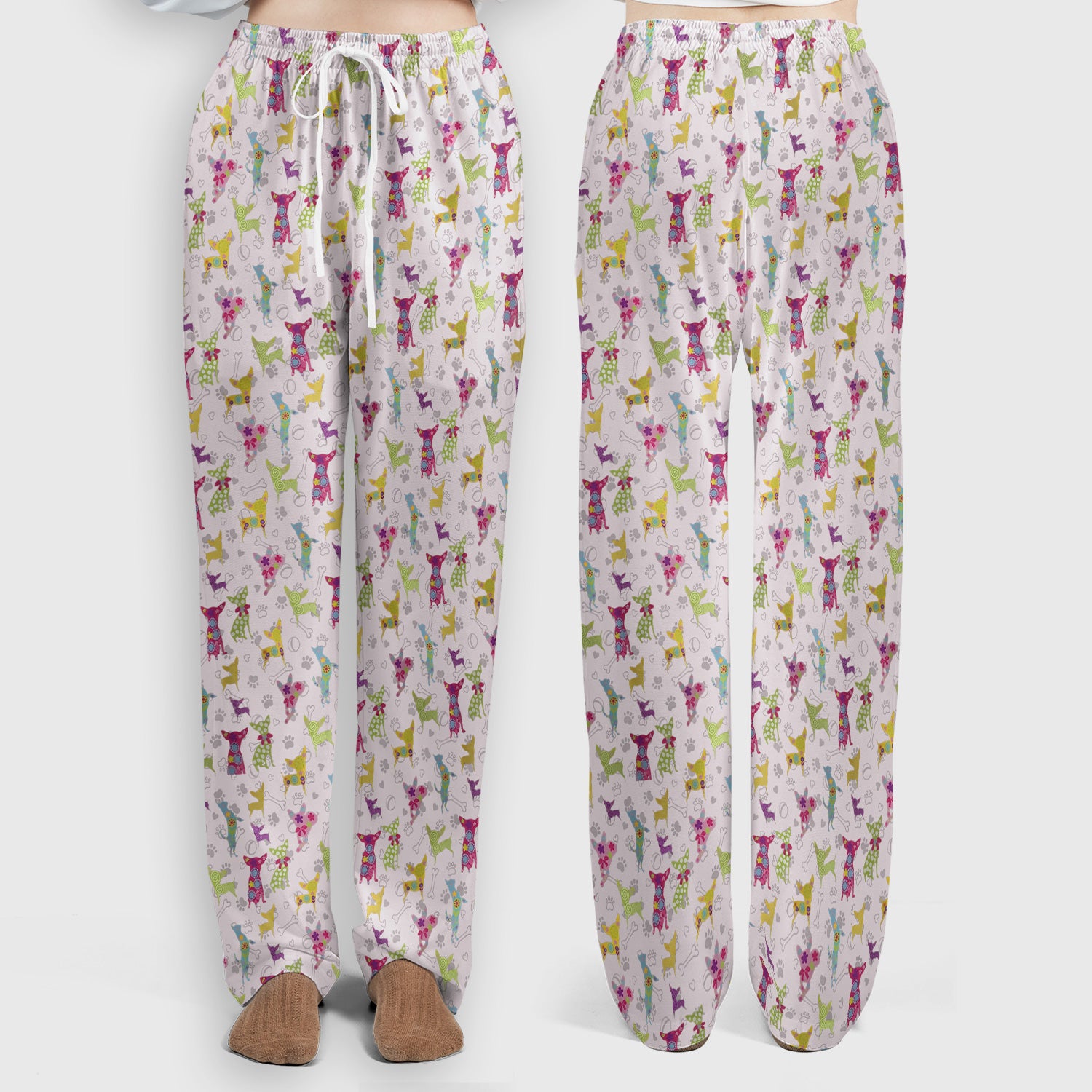 Colorful Playful Dog Print Nurse Scrub Set, Scrub Pants and V Neck Top
