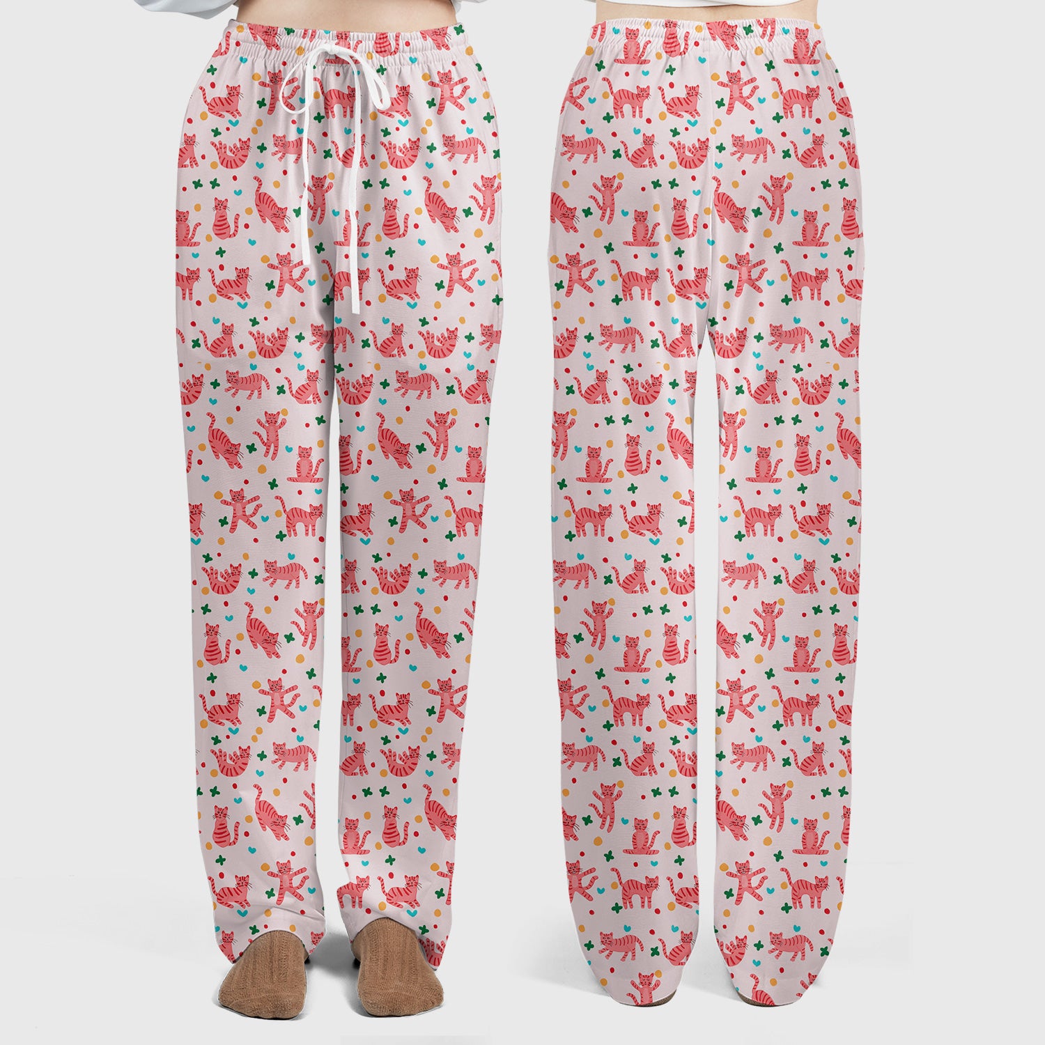 Cute Pink Cat Pattern Women's Scrub Sets, Scrub Pants and V Neck Top