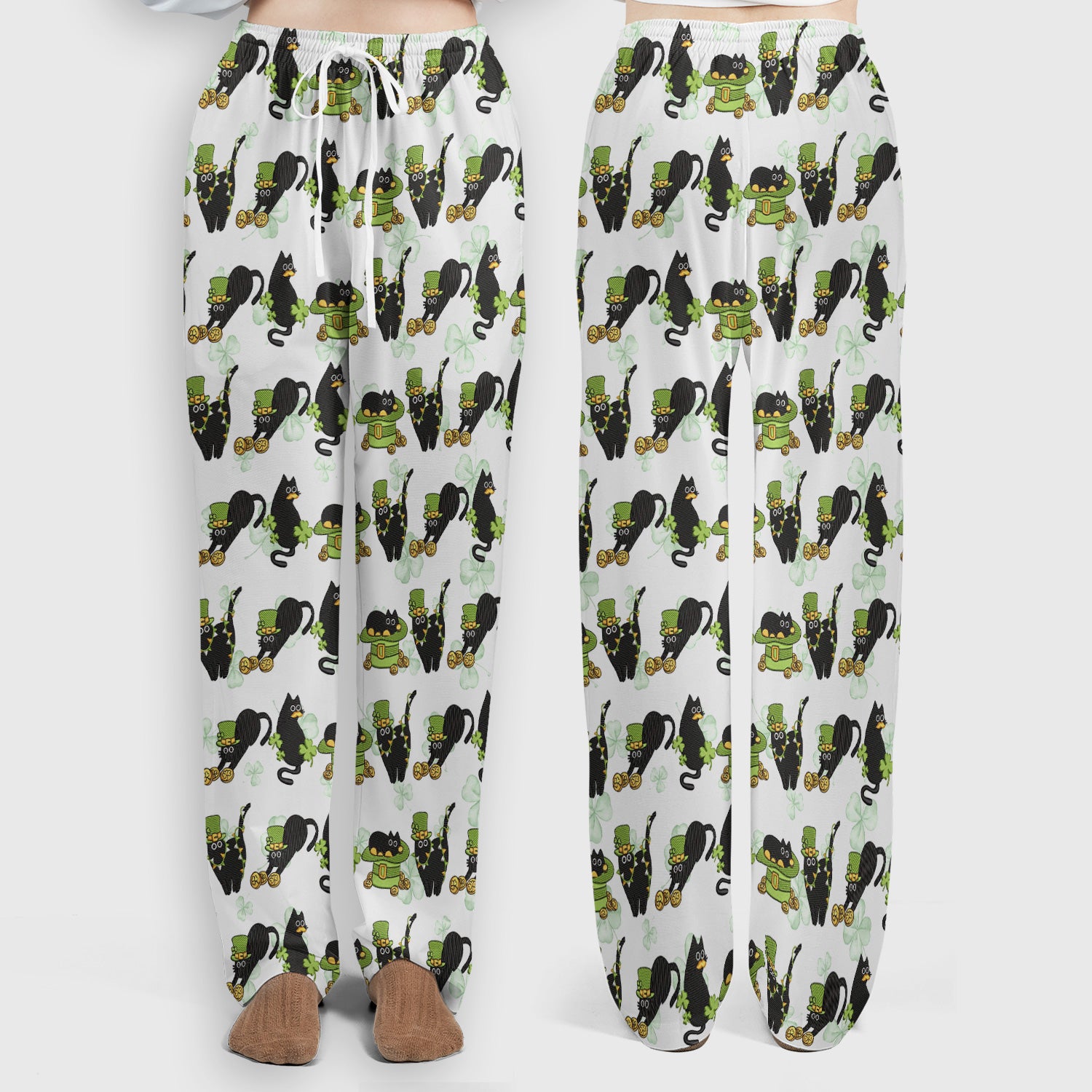 St. Patrick Black Cat Clover Print Women's Scrub Set, Breathable Med Uniform