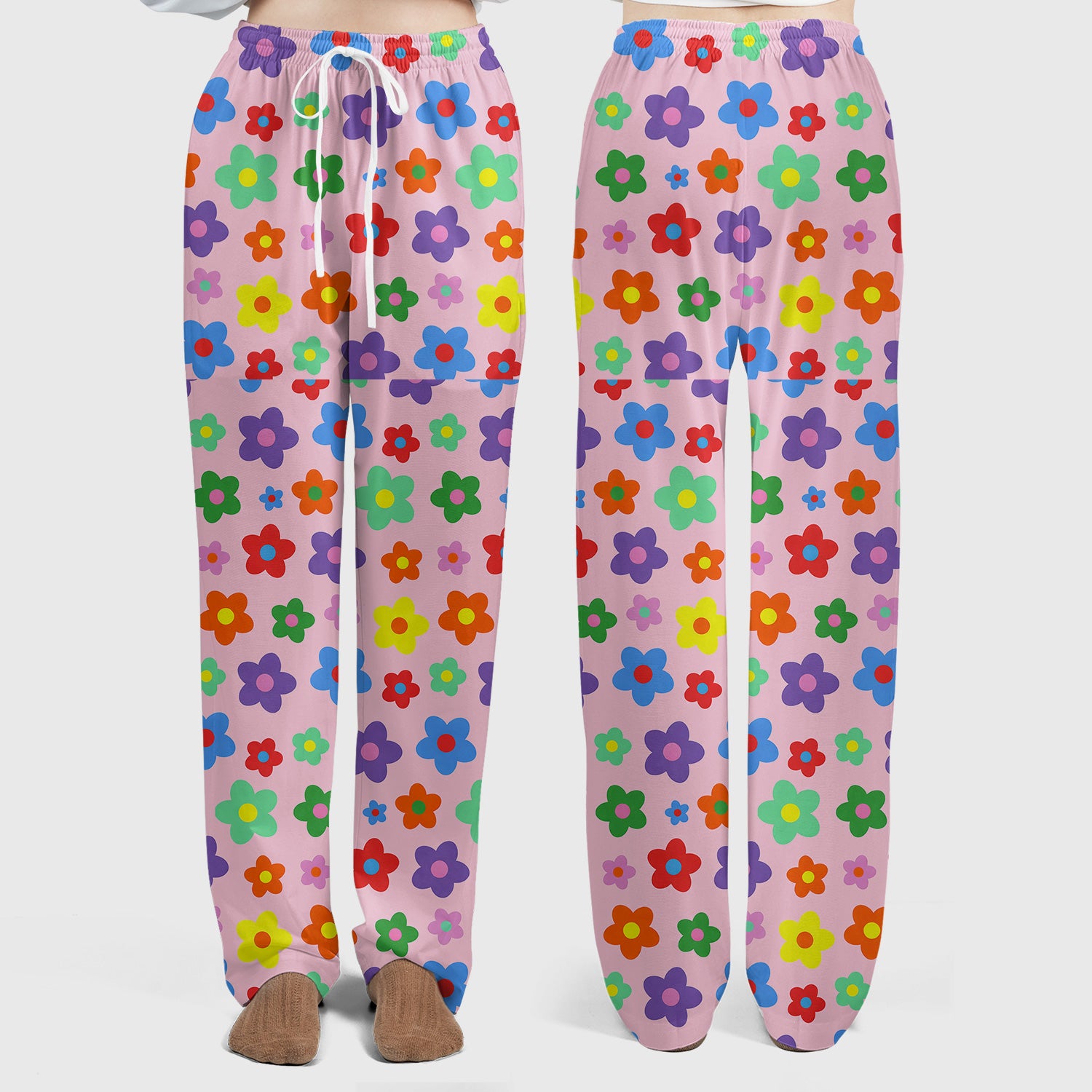 Colorful Retro Flower Pattern Print Scrub Set, Scrub Pants and V Neck Top