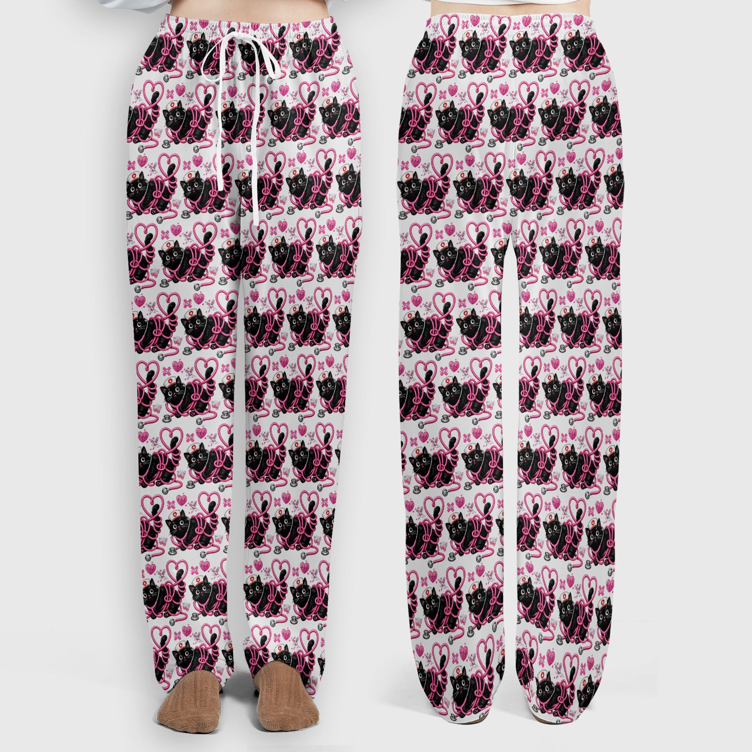 Valentine Cute Cat Nurse Heart Print Women's Scrub Set, Breathable Med Uniform