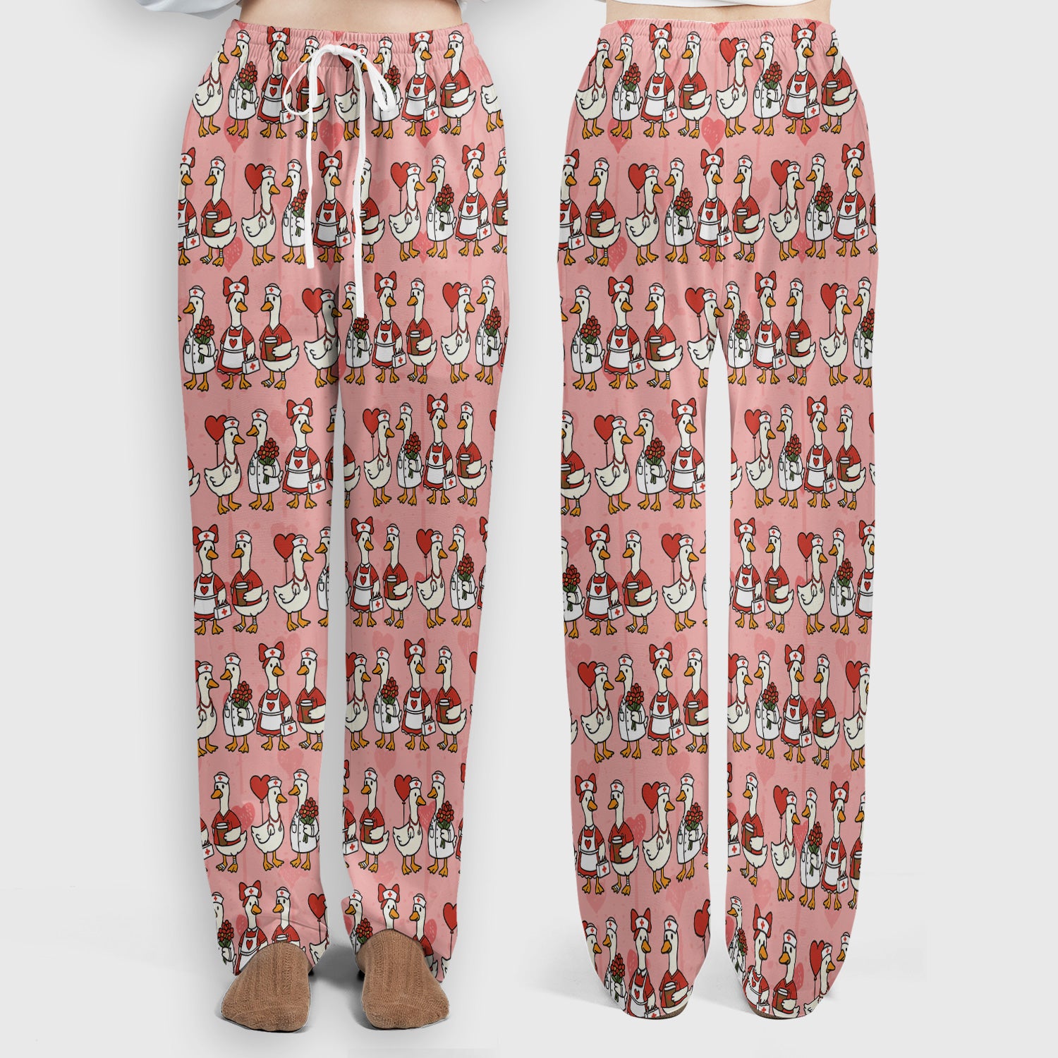Valentine Nurse Goose with Heart Pattern Scrub Set, Scrub Pants and V Neck Top