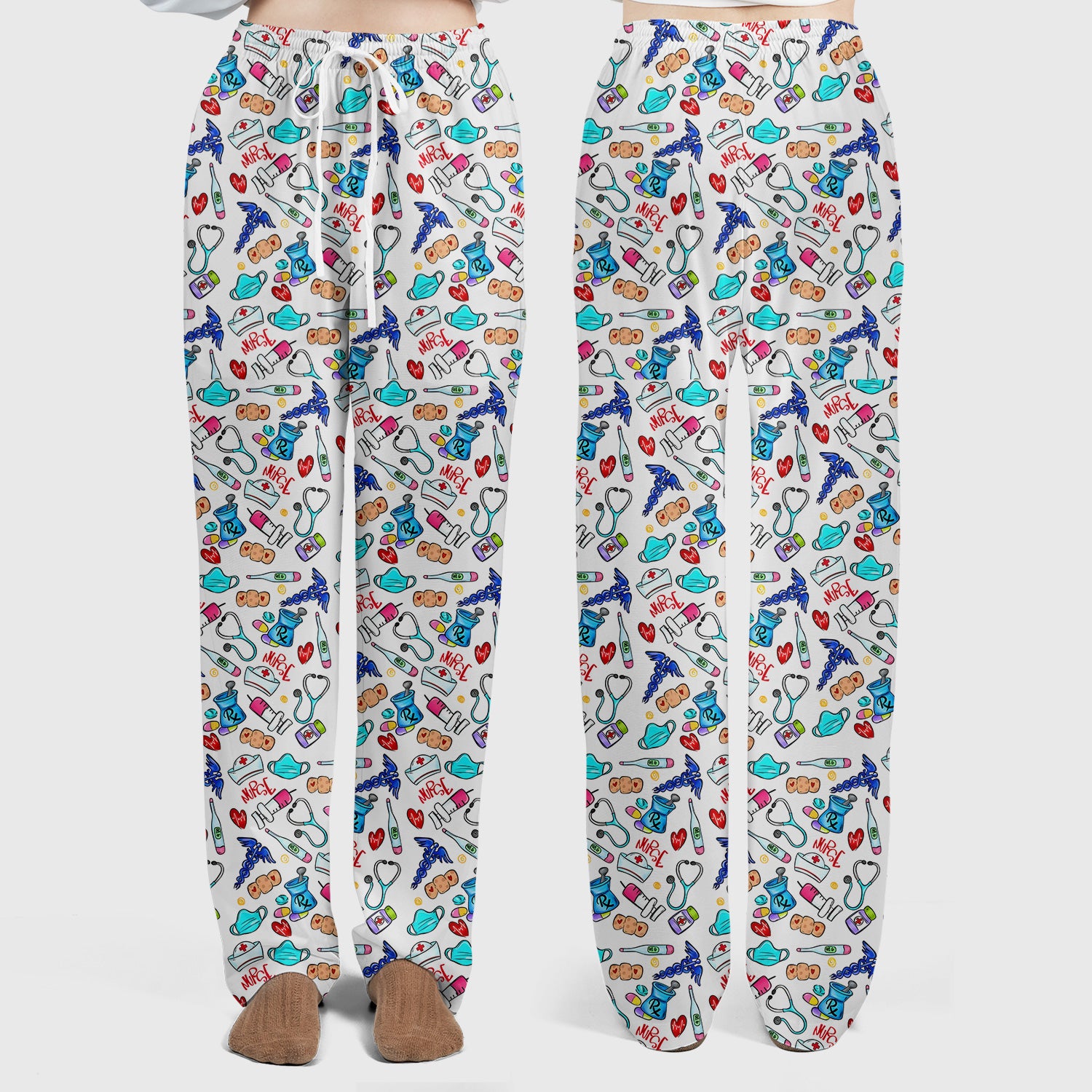 Nurse Medical Icons Stethoscope Heart Pattern Scrub Set, Scrub Pants and V Neck Top