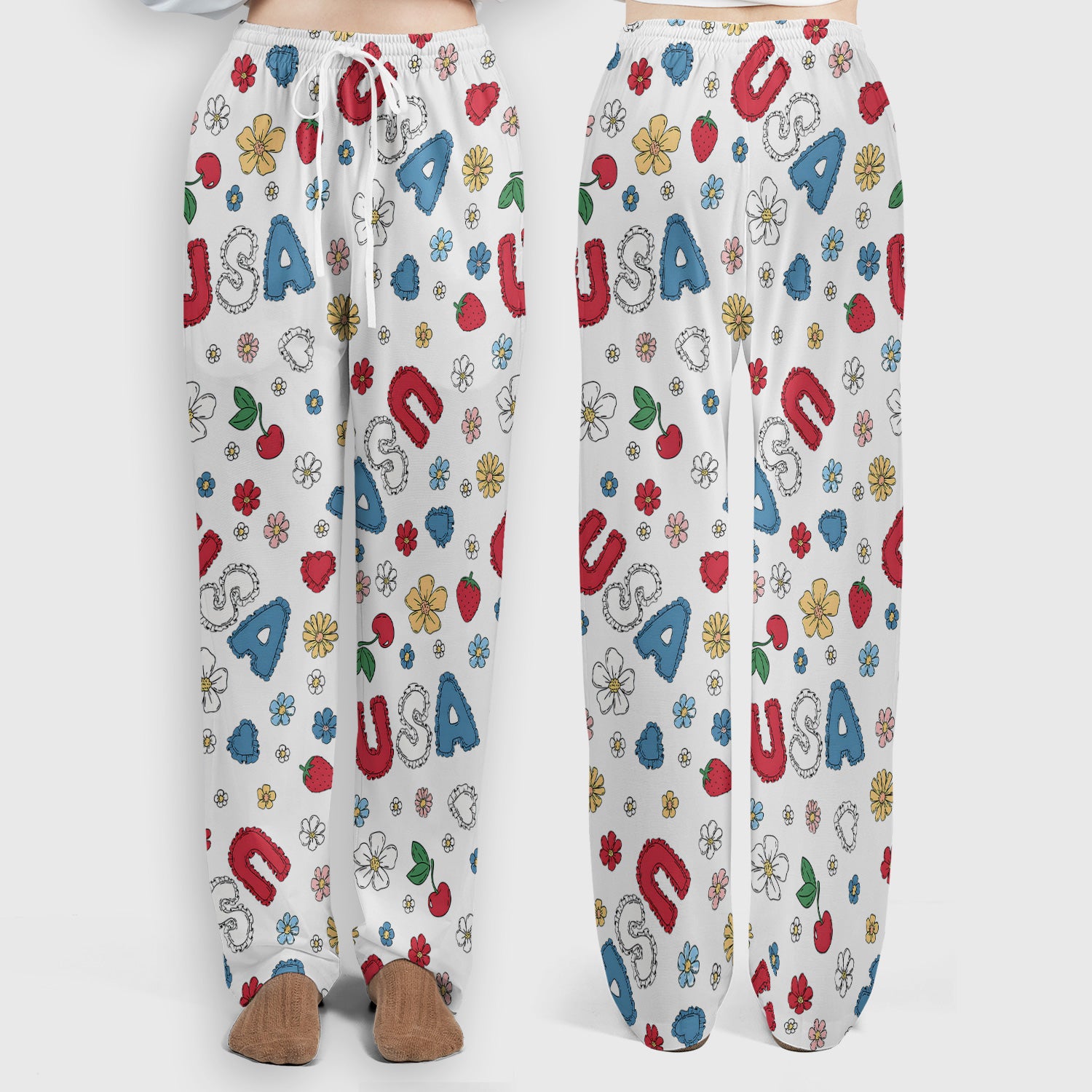 USA Cherry Strawberry Floral Patch Pattern Scrub Set, Scrub Pants and V Neck Top
