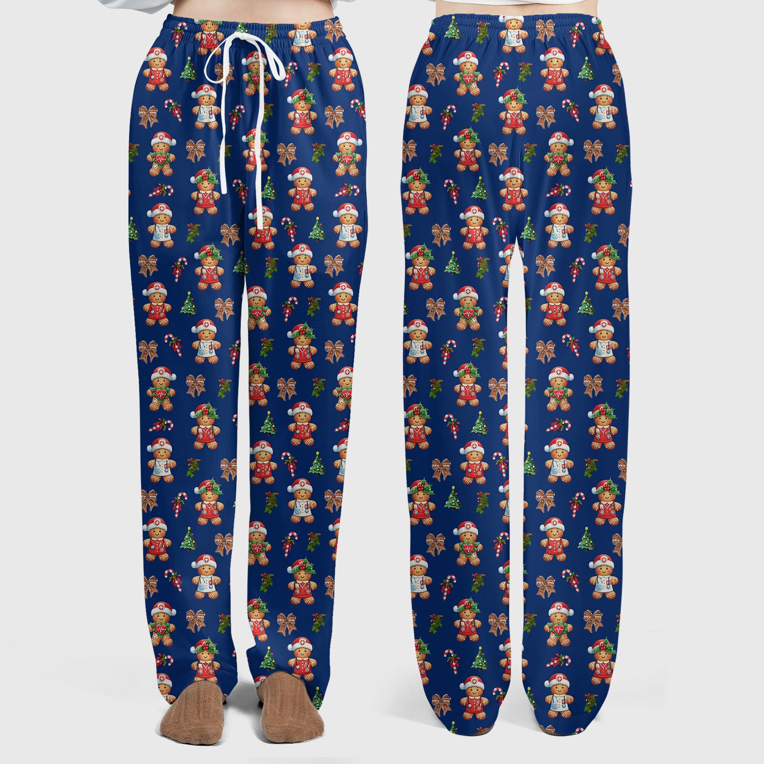 Funny Christmas Scrub Set for Nurse - Adorable Gingerbread Candy Cane Bow- Festive Medical Uniform for Women