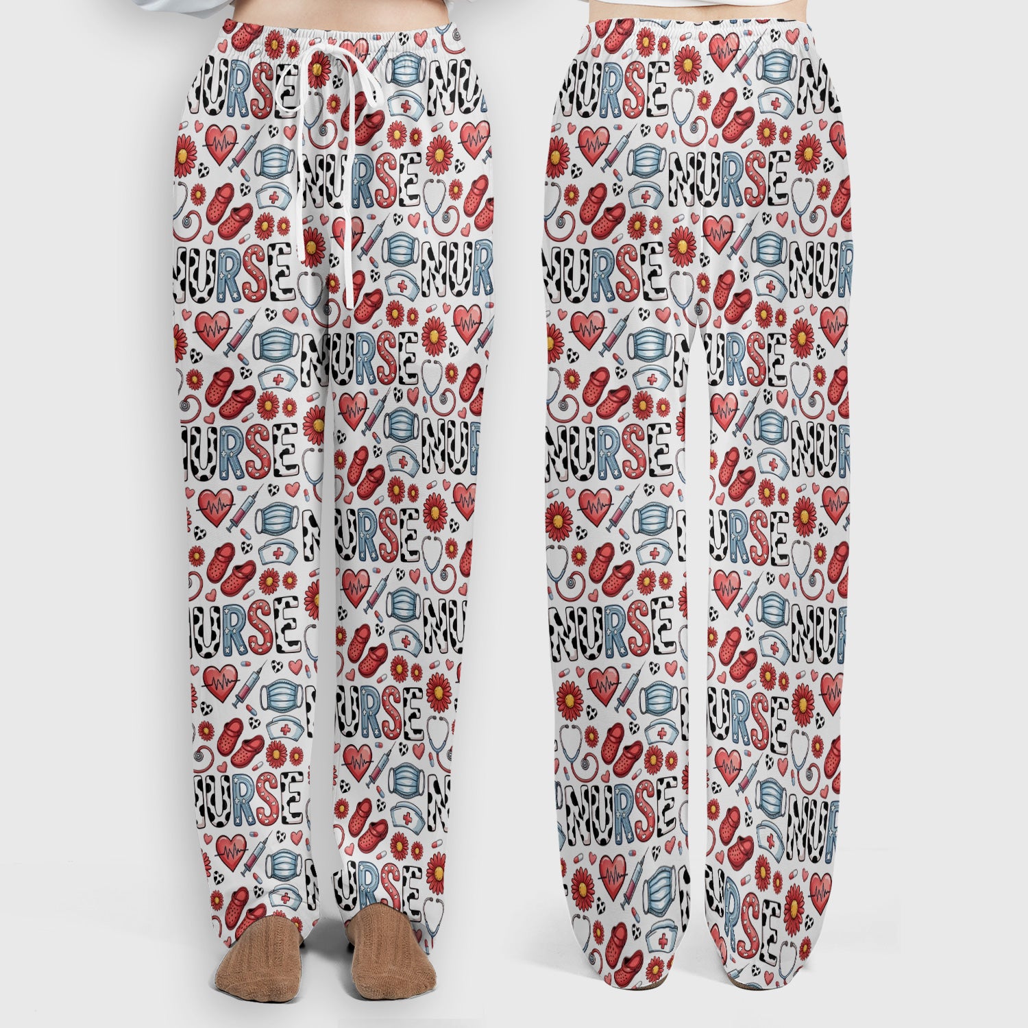Cute Nurse Medical Icon Pattern Scrub Set, Scrub Pants and V Neck Top