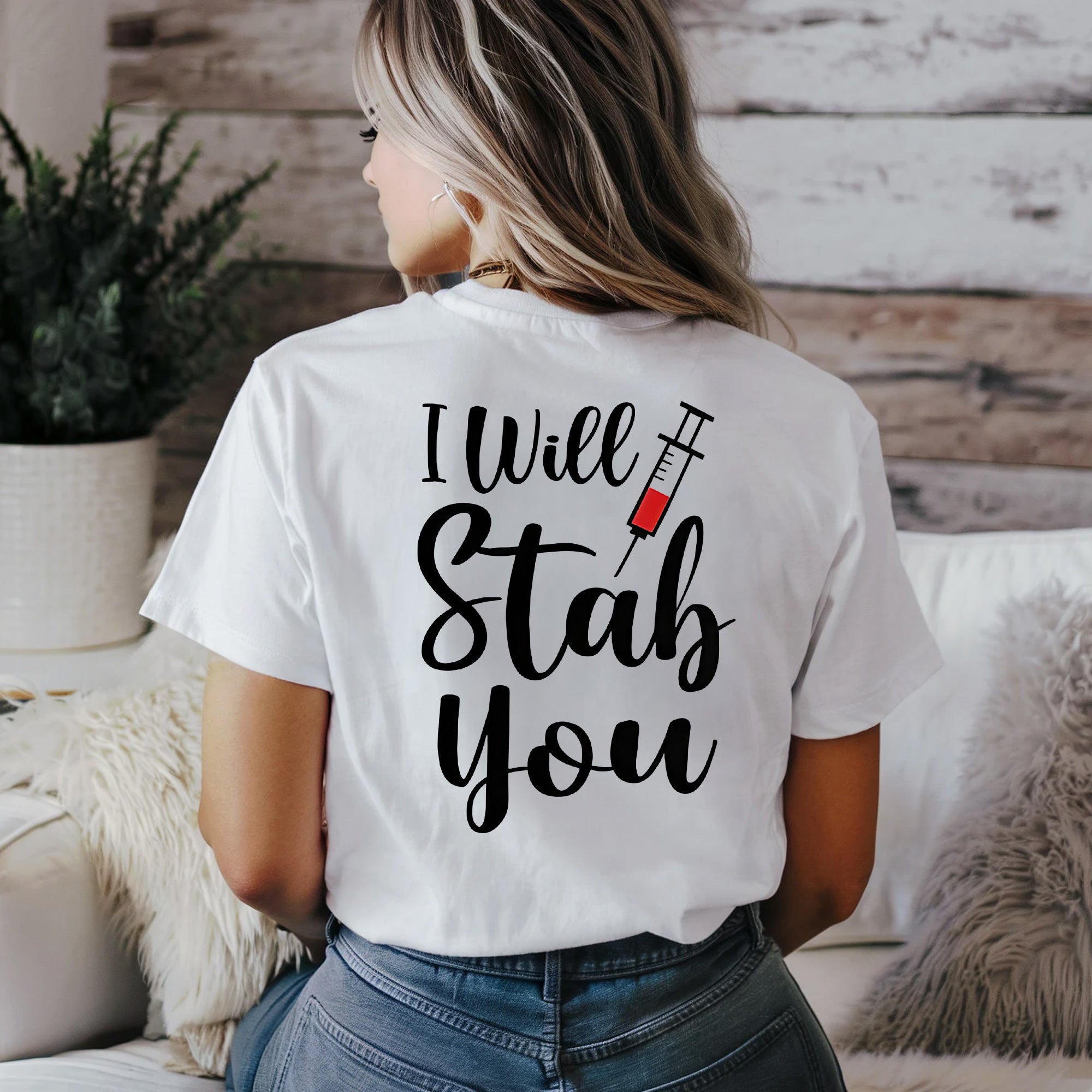 Personalized Funny Nurse Shirt with Pill Cartoon – I Will Stab You Quote Tee for RN LPN CNA  – Cute Medical Humor Gift for Healthcare Workers