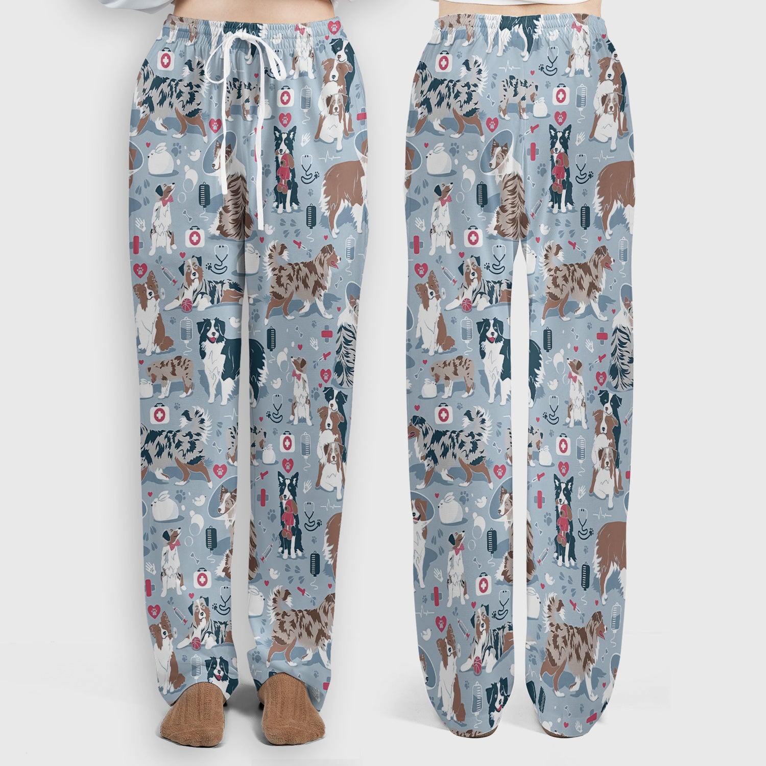 Cute Dog Pattern Women's Veterinary Scrub Set, Scrub Pants and V Neck Top