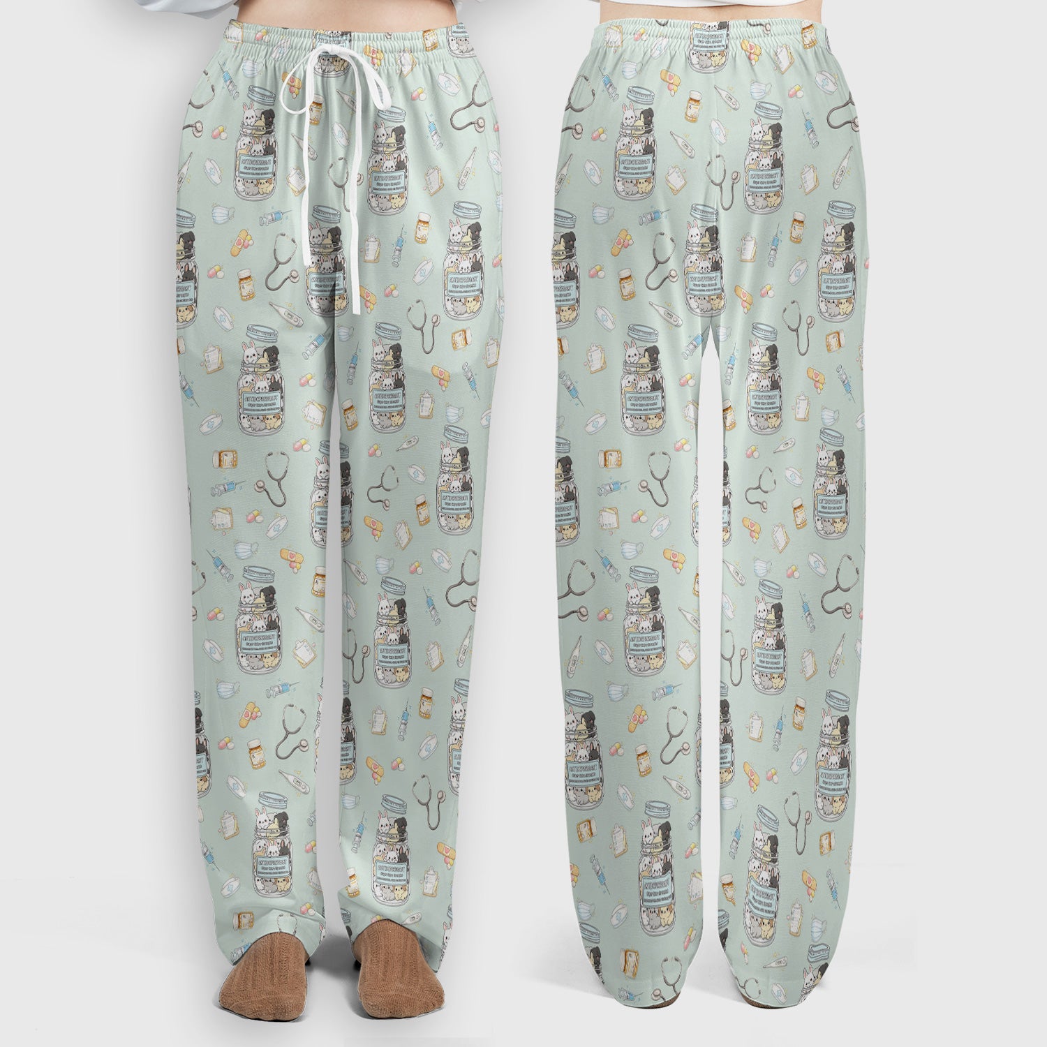Whimsical Antidepressant Rabbit Jar Design Scrub Set, Scrub Pants and V-Neck Top
