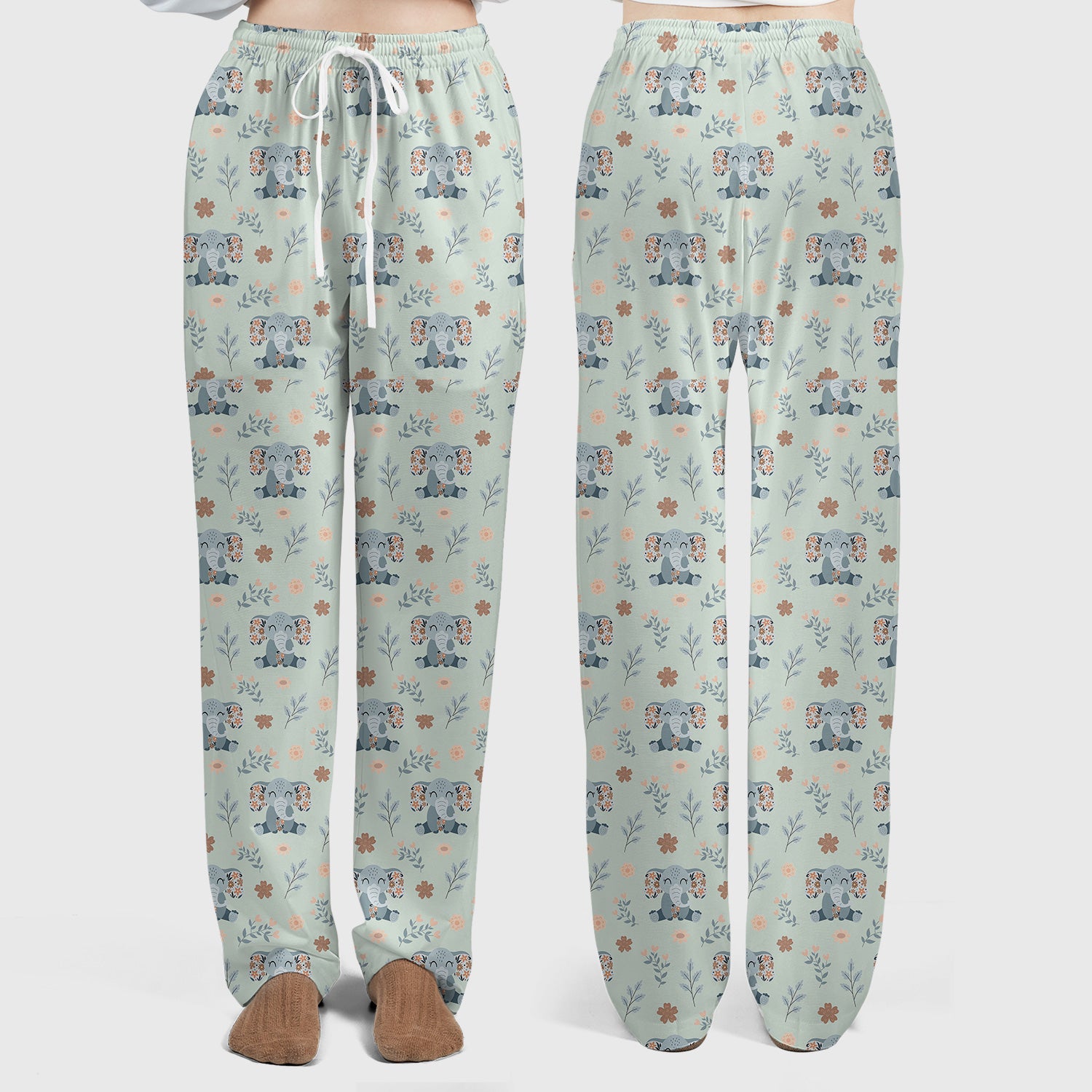 Cute Elephant Floral Print Scrub Set, Scrub Pants and V Neck Top