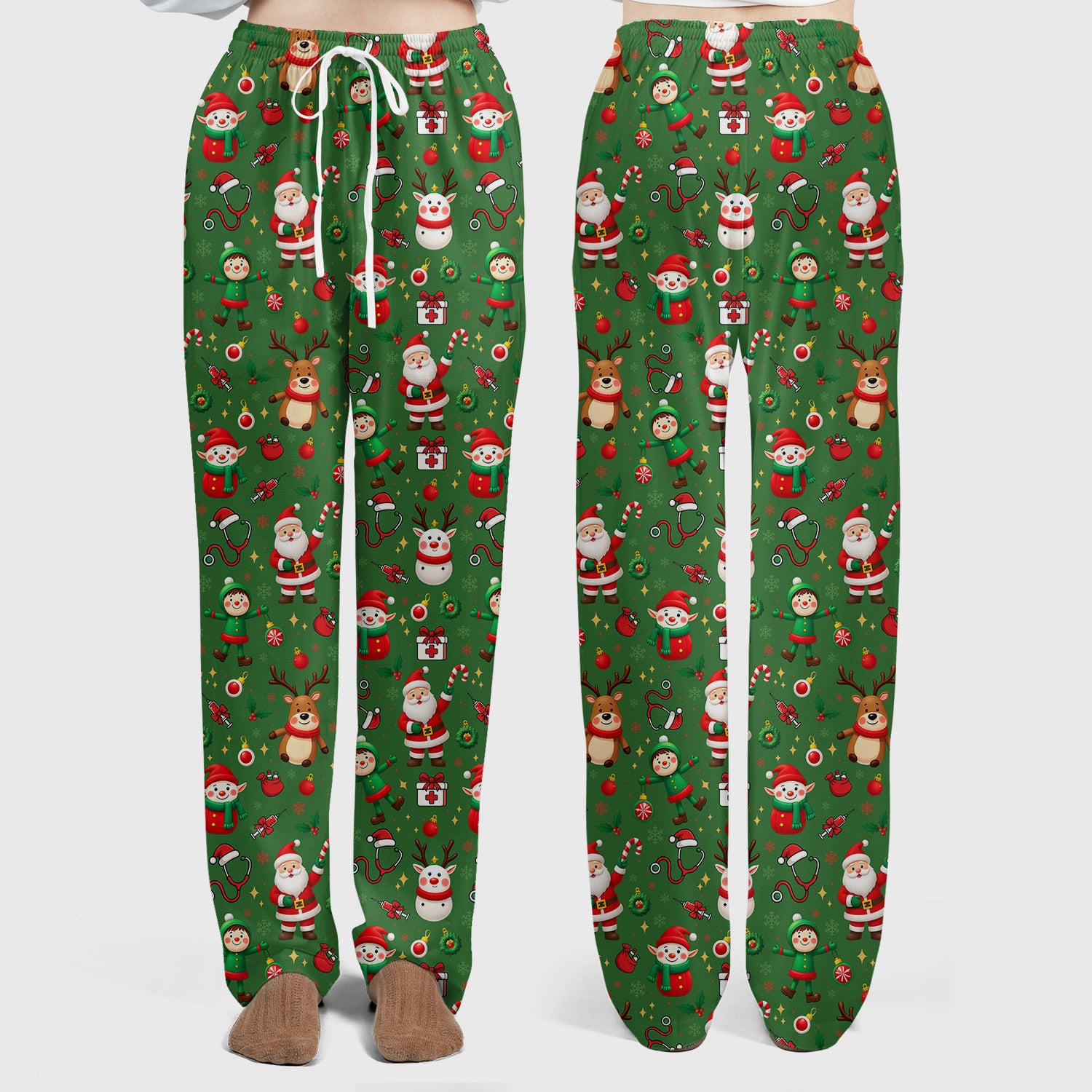Christmas Comfortable Scrubs for Nurses - Cute Santa Reindeer Scrubs Pants and V Neck Top - Festive Holiday Med Uniform for Women
