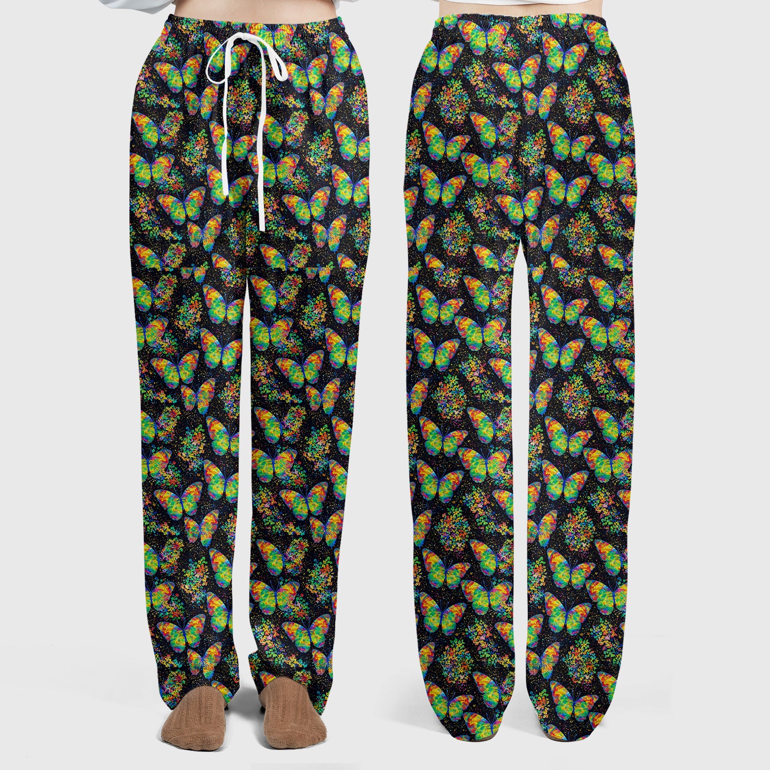 Rainbow Butterfly Galaxy Print Scrub Set, Scrub Pants and V Neck Top